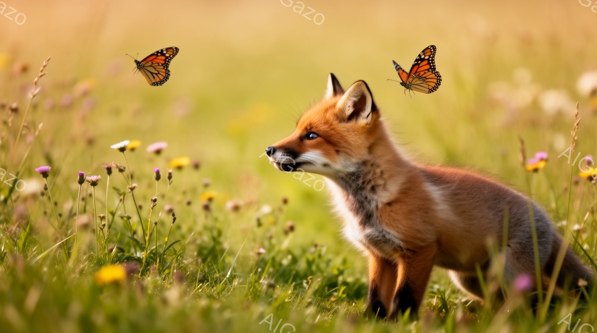 草原で子ぎつねが紫色の花と蝶の周りをうろうろしている。暖かい日差しが子ぎつねを照らし、背景は柔らかくぼやけている。生き生きとした色彩と自然の雰囲気は、平和で穏やかな気持ちにさせる。 - AI生成フリー素材