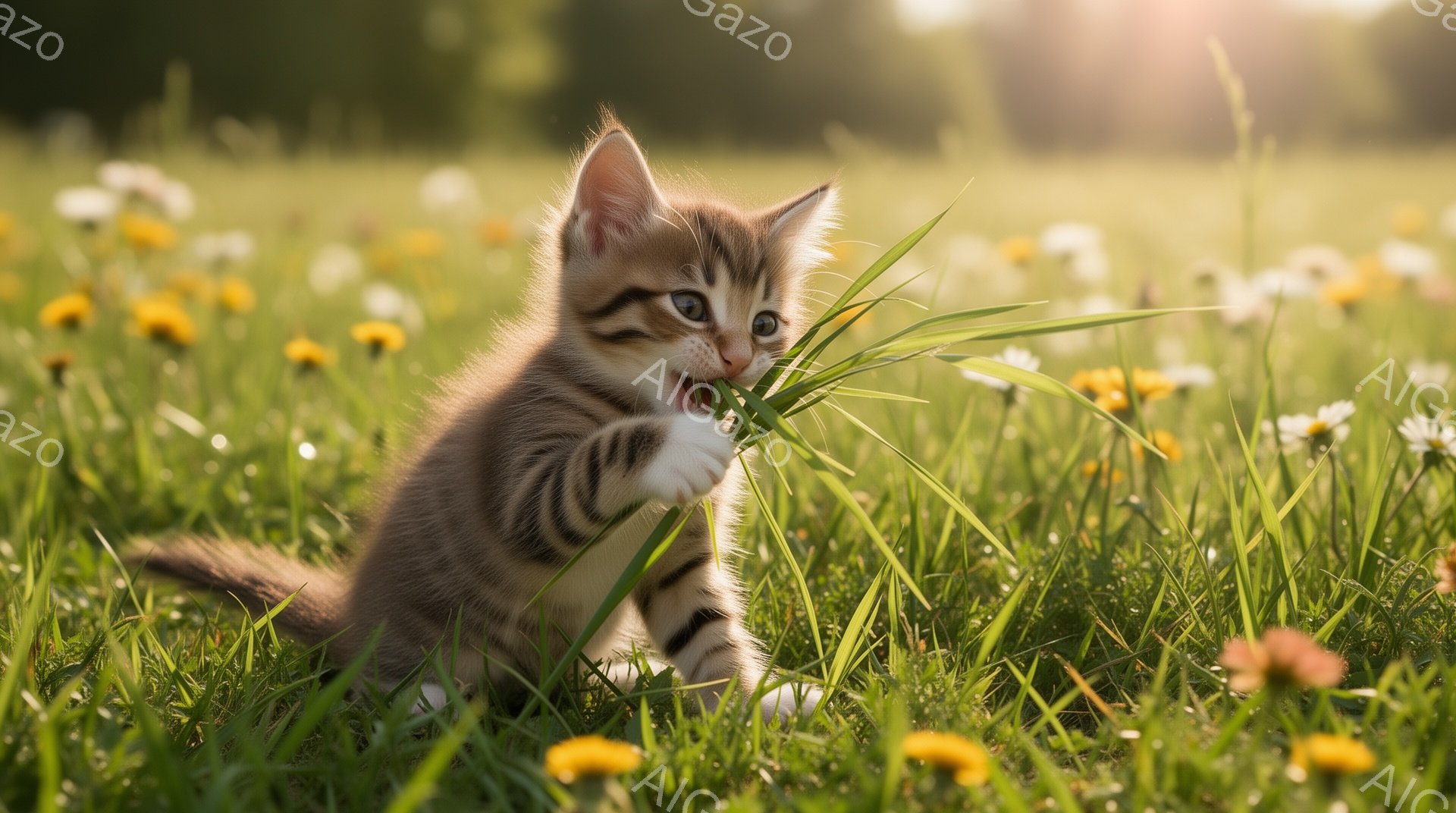草原で遊ぶ子猫が写っています。小さな縞模様の猫は緑の草を噛んでおり、周囲には黄色い花が咲き乱れています。日の光が差し込み、暖かく穏やかな雰囲気です。