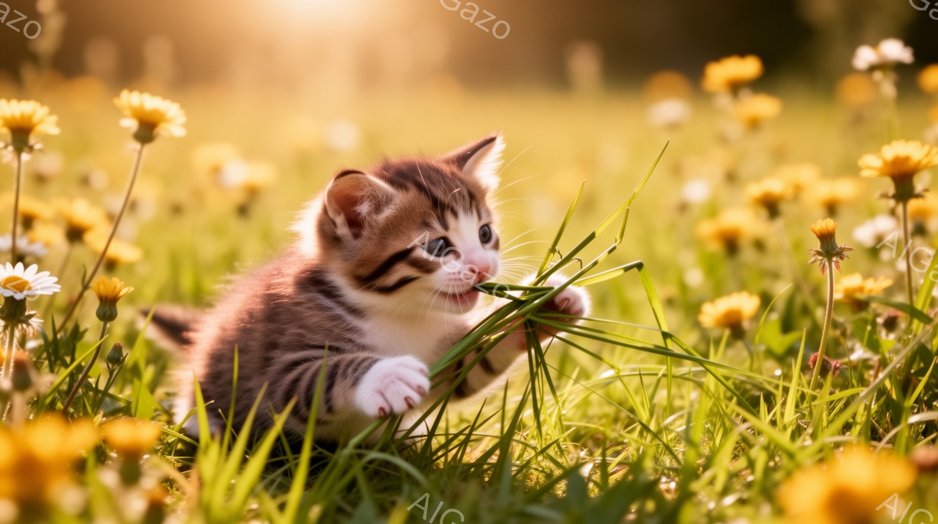 緑豊かな草原で、縞模様の小さな子猫が草をかじっています。太陽の光が差し込み、暖かい雰囲気が漂っています。子猫は好奇心旺盛な表情で、生き生きとした様子を見せています。