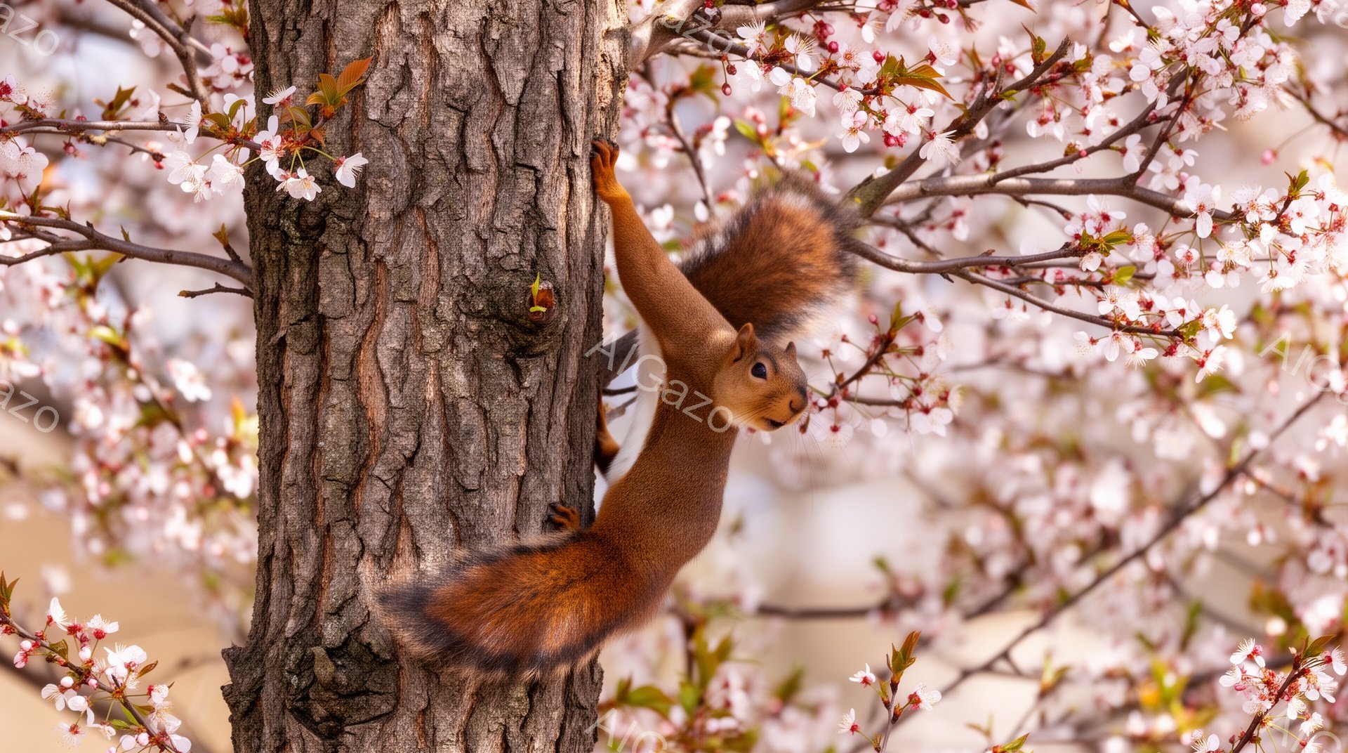 桜の木の幹にしがみつくリスが写っています。ふさふさとした尻尾が特徴的で、木に登る姿は躍動感があります。背景には淡いピンク色の桜の花が咲き乱れ、春の暖かさを感じさせます。 - AI生成フリー素材