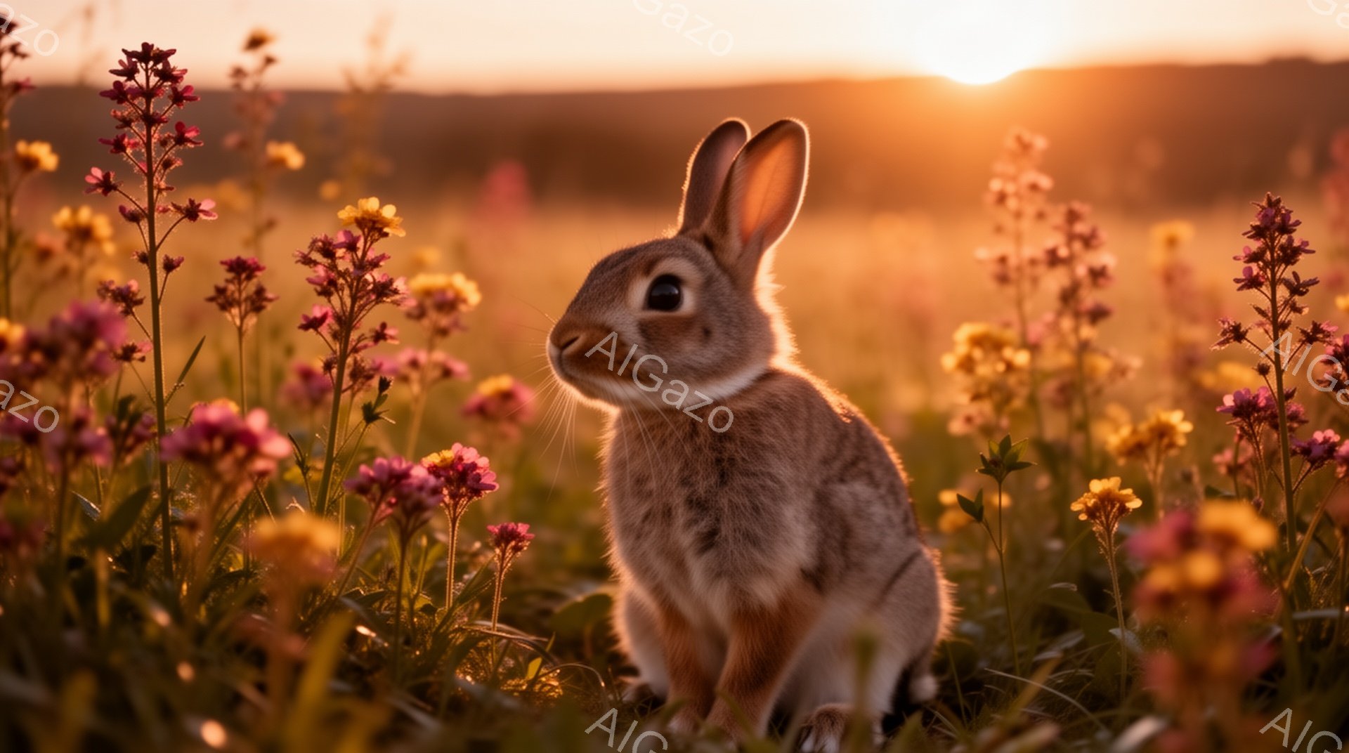 柔らかい夕日の光が差し込む野原で、かわいらしい茶色のウサギが花の間からこちらを見つめています。ウサギは前足を揃えて座っており、その表情は穏やかで、周りの花々とのコントラストが美しいです。夕焼け空と鮮や - AI生成フリー素材