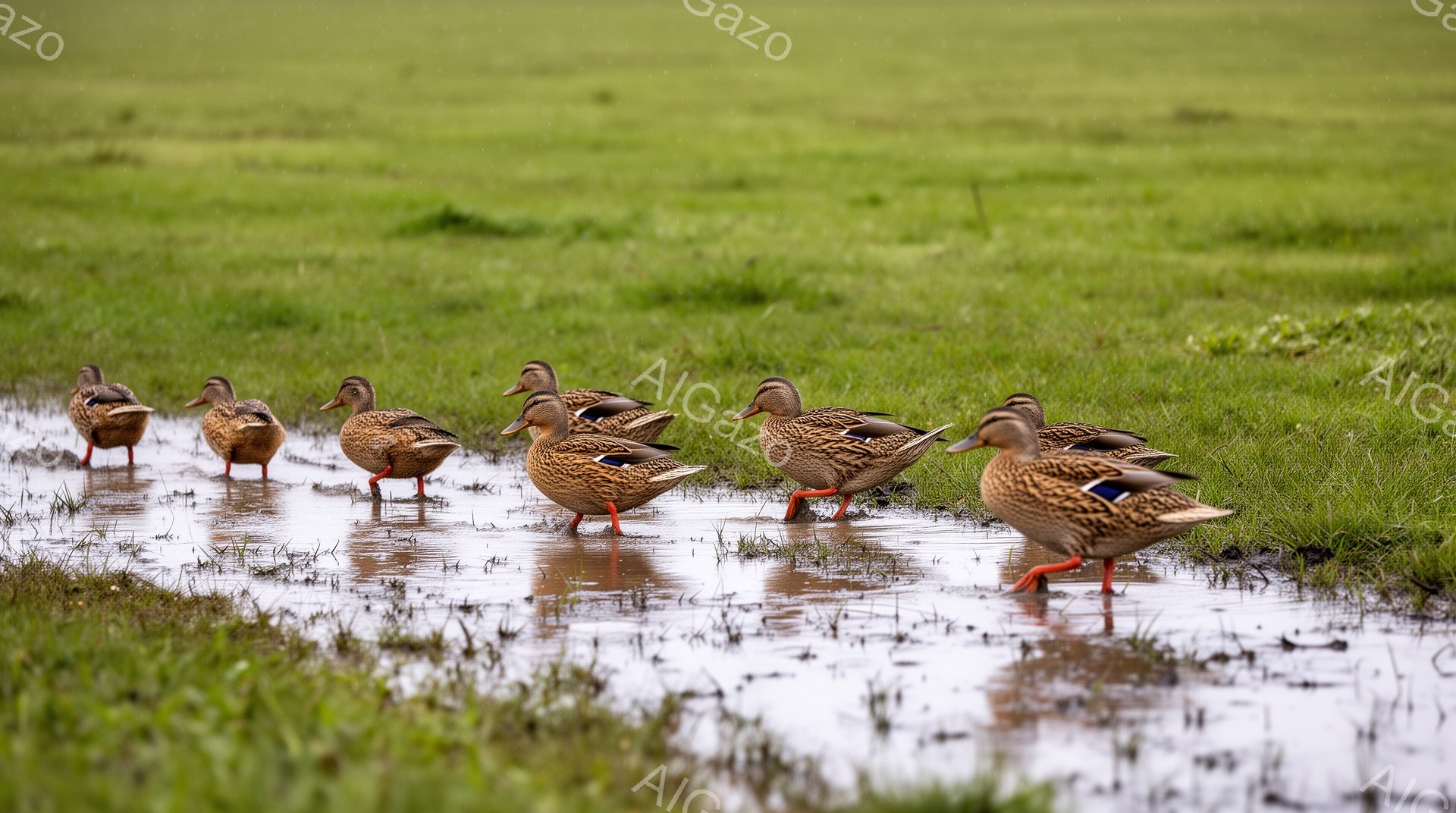 浅い水たまりにアヒルが横一列に並んでいます。緑色の草が生い茂る背景が、自然な雰囲気を醸し出しています。水面に映るアヒルの姿が、穏やかな静けさを伝えています。