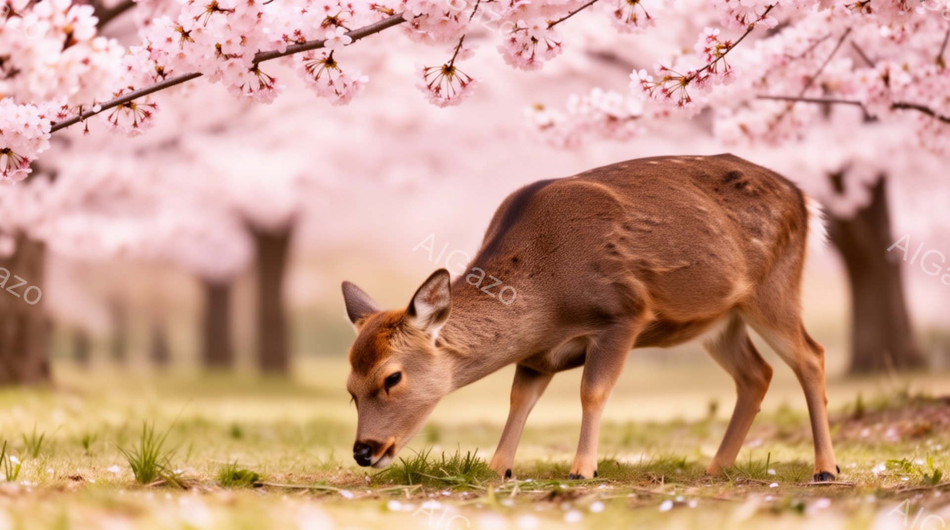 ピンク色の桜並木の中で、一匹の鹿が草を食べている。優しい光が差し込み、春の穏やかな雰囲気が漂っている。鹿の毛並みは滑らかで、背景の桜とのコントラストが美しい。 - AI生成フリー素材