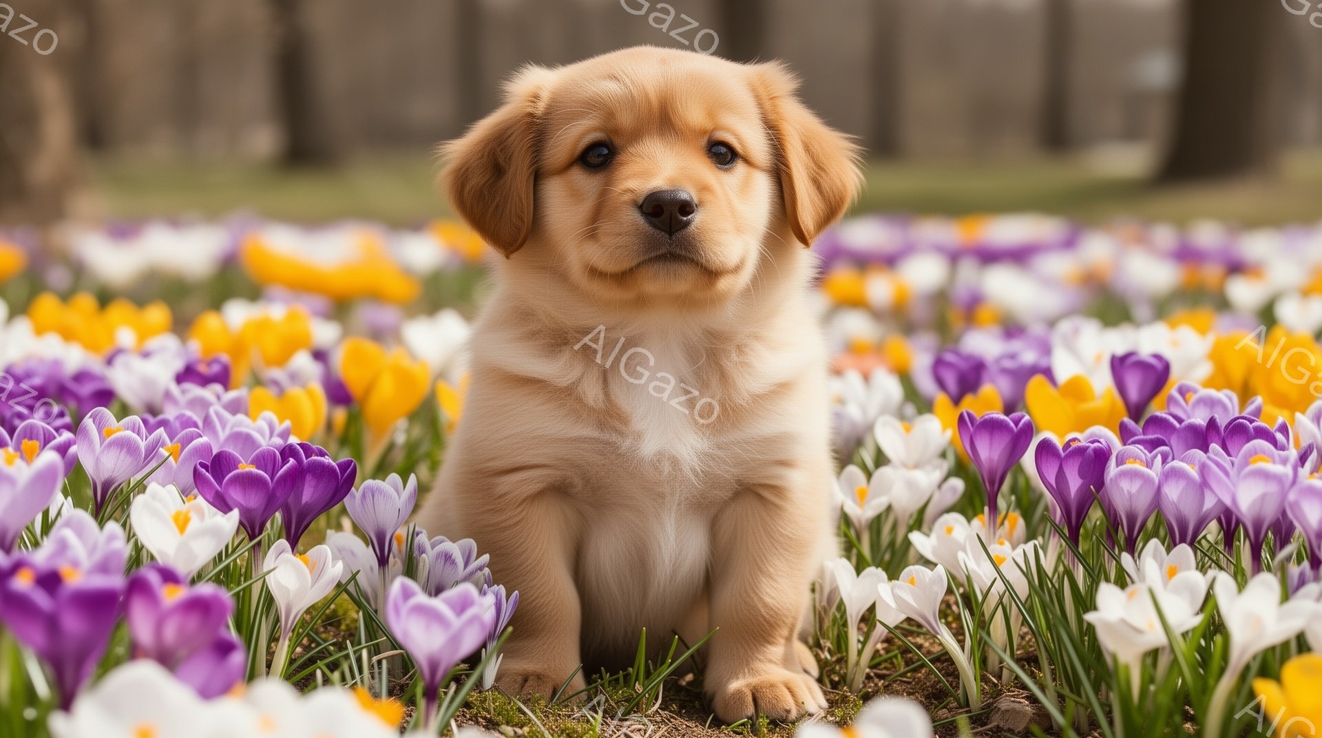 小さなゴールデンレトリバーの子犬が、紫と黄色のクロッカスが咲き乱れる草の上に座っている。子犬は前を見つめ、穏やかで愛らしい表情をしている。春の穏やかな日差しが、暖かく優しい雰囲気を醸し出している。