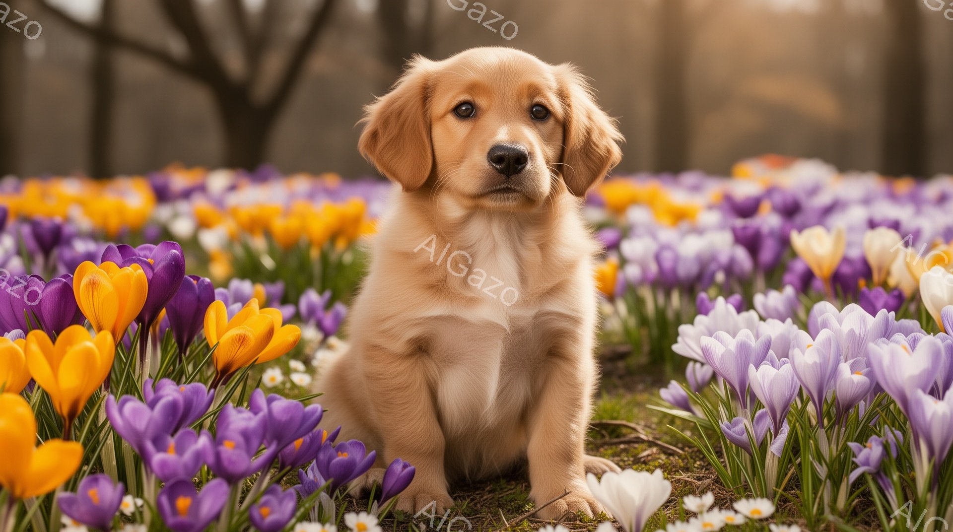明るい日差しの下、紫と黄色のクロッカスが咲き乱れる草原に、小さなゴールデンレトリバーの子犬が座っています。子犬は前足を揃えてまっすぐ前を見つめ、ふわふわとした毛並みが春の暖かさを感じさせます。背景には - AI生成フリー素材