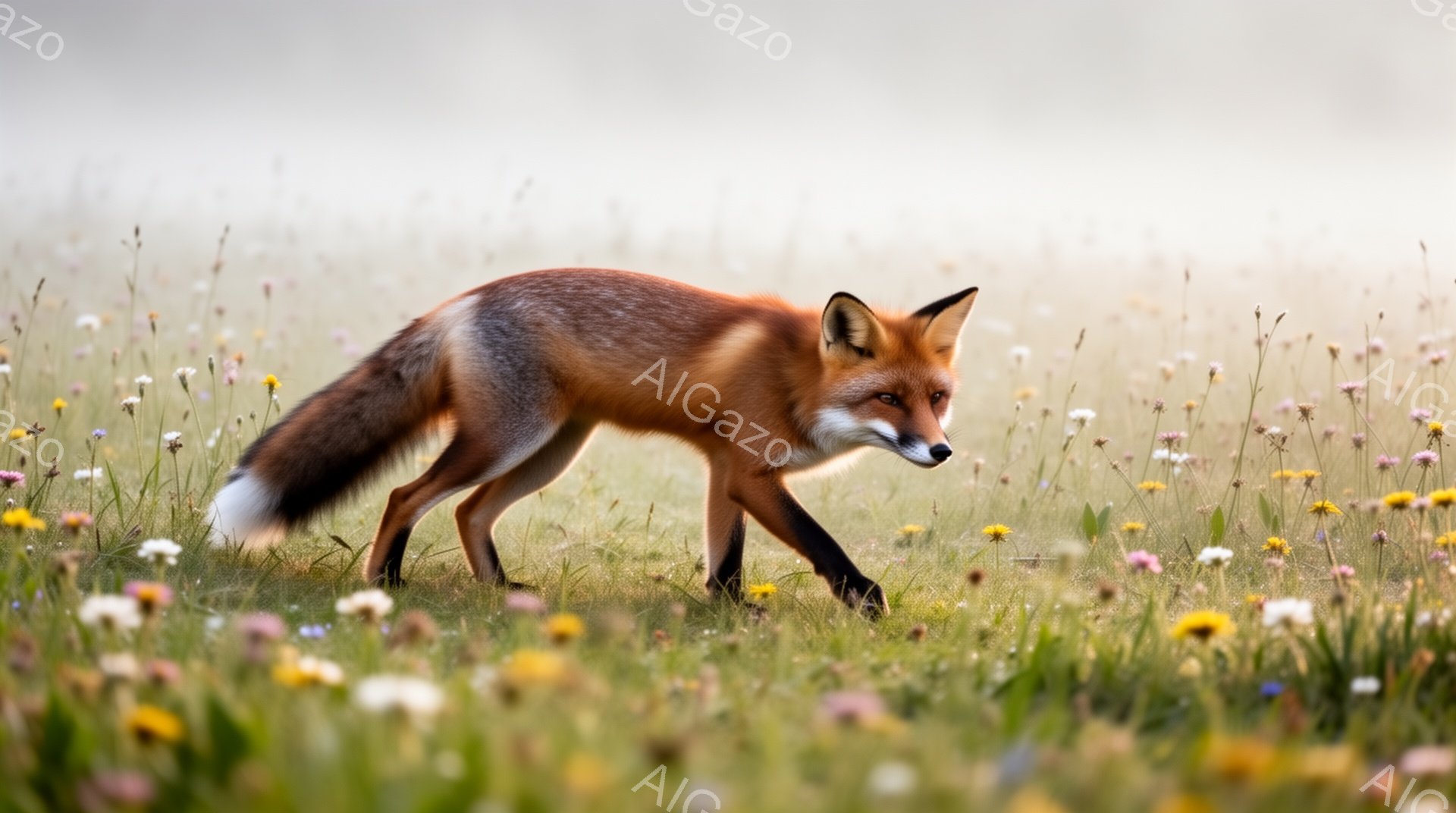 草原を歩くアカギツネが写っている。鮮やかなオレンジ色の毛並みと、白い尻尾が印象的だ。背景には様々な野花が咲き乱れ、柔らかな光に包まれた穏やかな雰囲気を感じさせる。 - AI生成フリー素材
