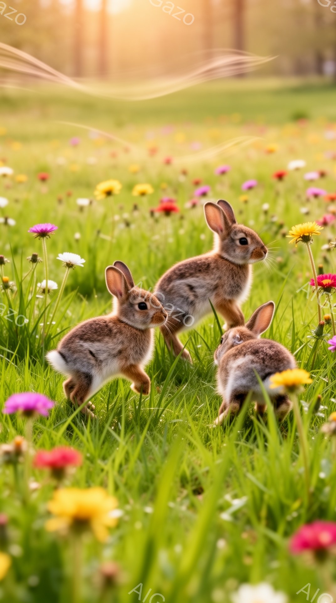 広野に咲き乱れる花々の中で、三匹の子ウサギが戯れています。緑の草の上を走り回り、好奇心旺盛な表情で周りを見渡しています。暖かく柔らかな光が降り注ぎ、穏やかで幸せな雰囲気が漂っています。 - AI生成フリー素材