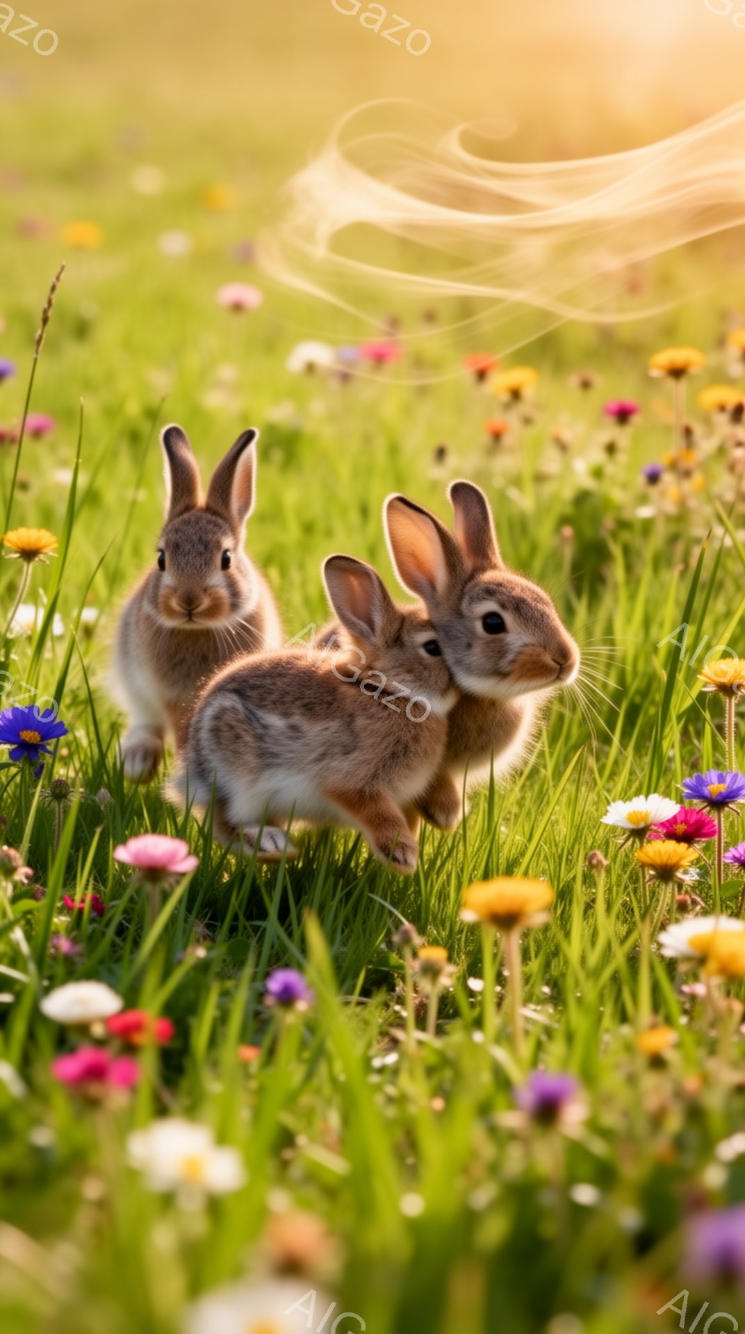 緑豊かな草地で、二匹の可愛らしい子ウサギが花の間を駆け抜けている。暖かな日差しが降り注ぎ、花々の色彩が鮮やかで、平和で幸せな雰囲気が漂っている。子ウサギたちは好奇心に満ちた表情で、冒険を楽しんでいるようだ。