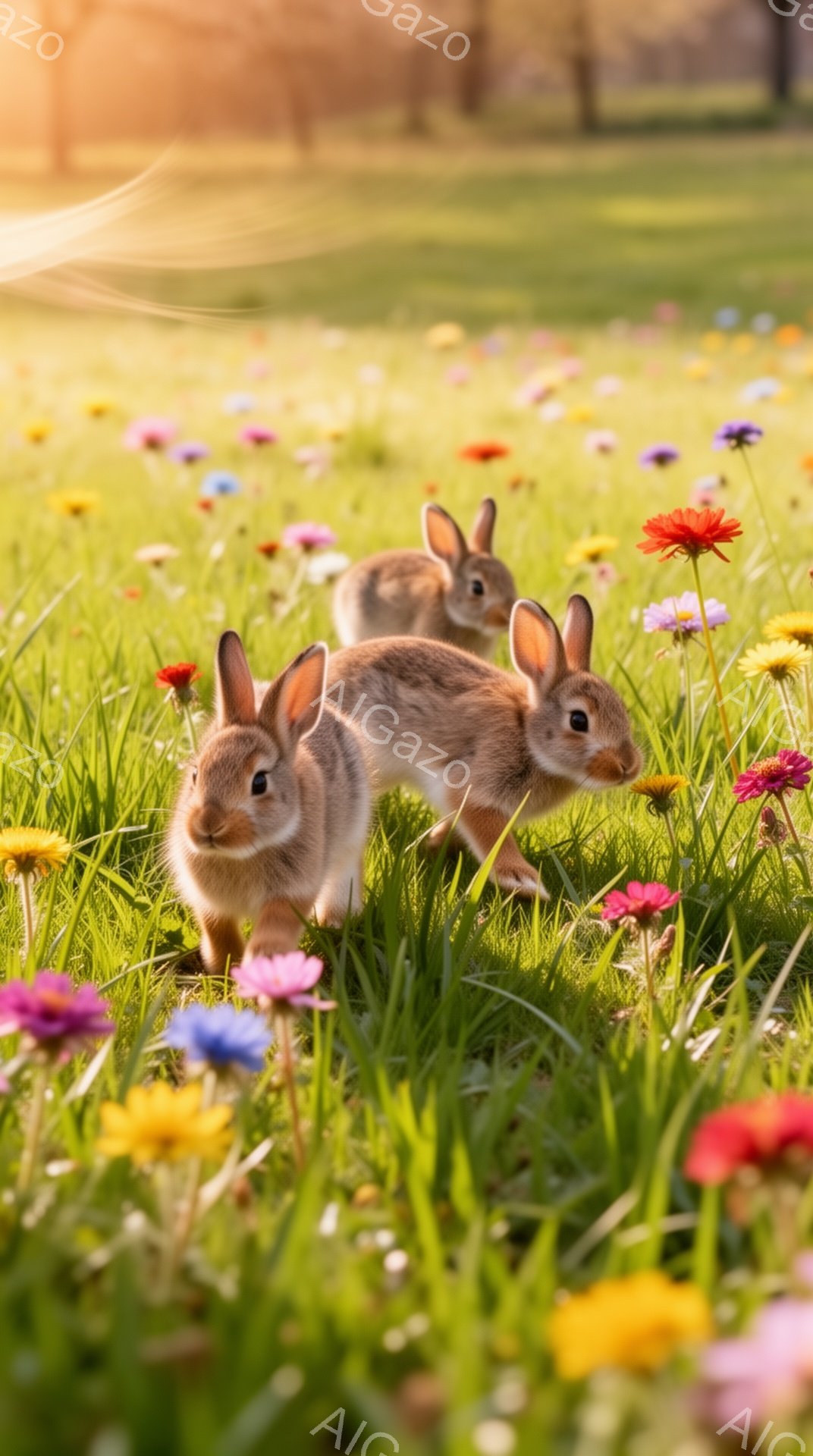 鮮やかな野原で、2匹のウサギが花の間を歩いています。明るい日差しが差し込み、緑の草とカラフルな花々が広がっています。穏やかで平和な雰囲気を感じさせます。 - AI生成フリー素材