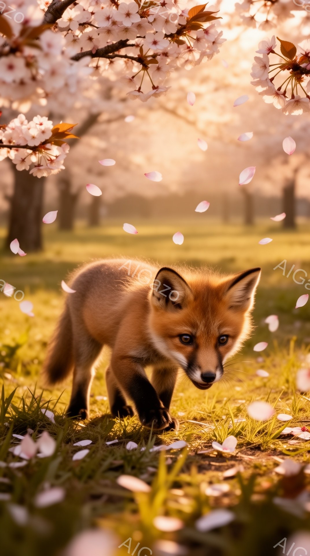鮮やかな緑の草の上を、小さなキツネが歩いている。桜の花びらが舞い散り、柔らかい春の光に包まれて、幻想的な雰囲気を醸し出している。キツネは好奇心旺盛な表情で、何かを探しているようだ。