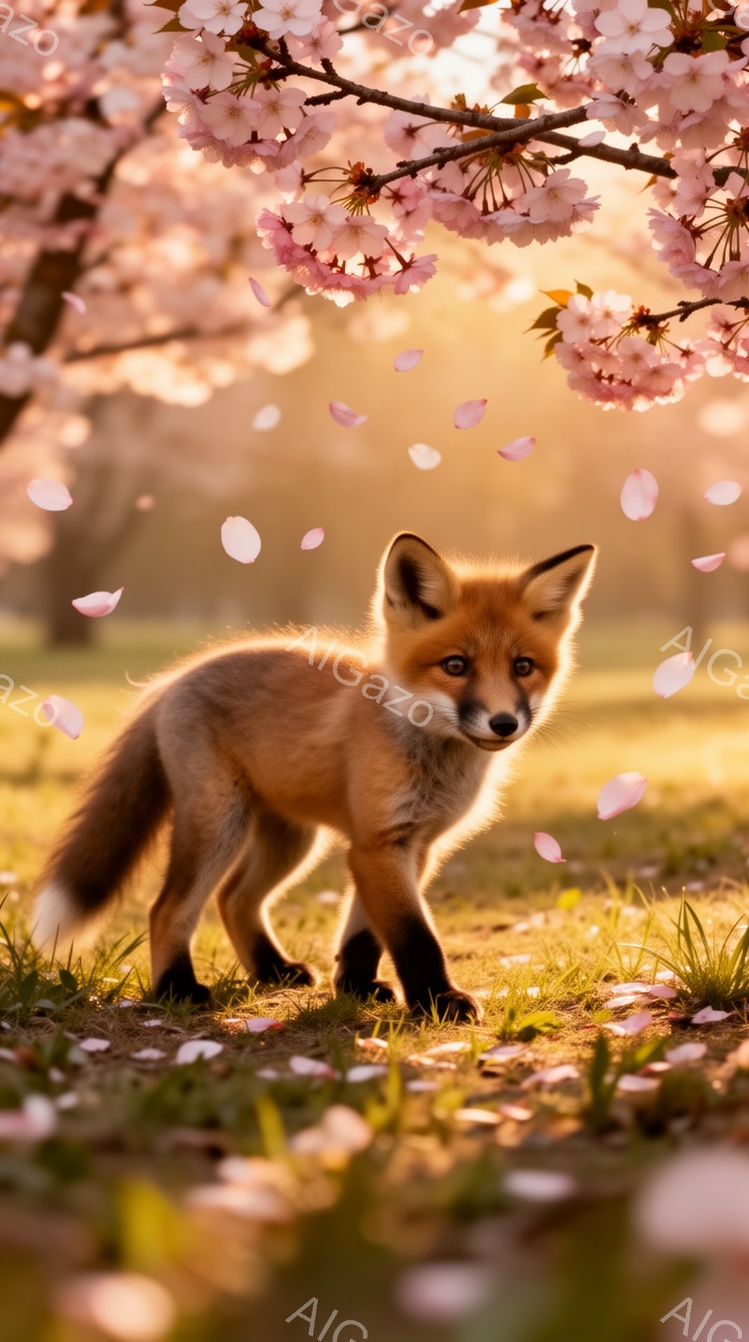 鮮やかな春の光の中で、小さなキツネが草の上を歩いている。桜の花びらが舞い散り、暖かく穏やかな雰囲気を醸し出している。キツネの毛並みは滑らかで、その表情は好奇心に満ちている。