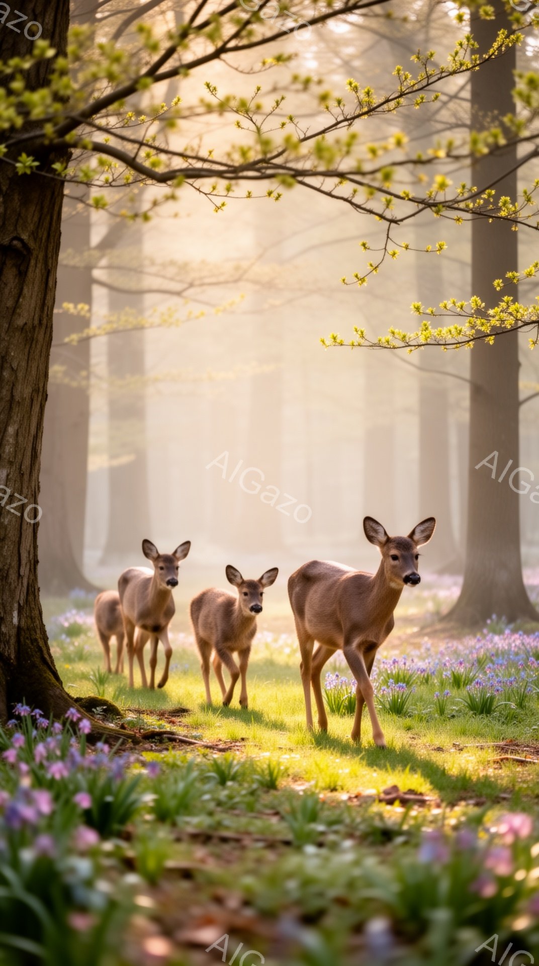 森の中で、３匹のシカが春の光の中でたたずんでいる。周りには紫色の花が咲き乱れ、木漏れ日が幻想的な雰囲気を醸し出している。シカたちは静かにこちらを見つめ、平和な時間が流れている。 - AI生成フリー素材