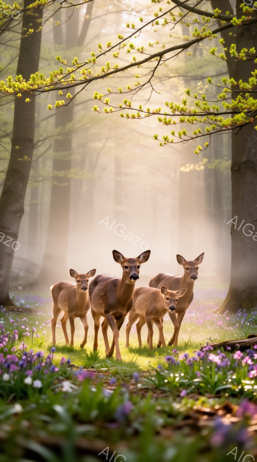 鬱蒼とした森の中に、母鹿と子鹿の家族が佇んでいます。木漏れ日が降り注ぎ、足元には紫色のスミレが咲き乱れ、幻想的な雰囲気を醸し出しています。穏やかで平和な、春の森の光景です。 - AI生成フリー素材