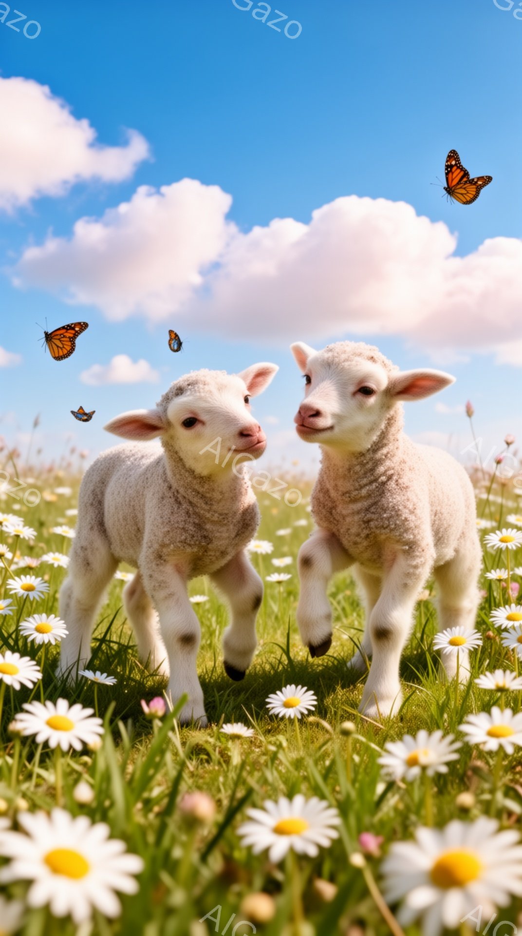 広々とした草原で、二匹の可愛い子羊が花の間を歩いています。子羊たちは白い毛並みで、好奇心いっぱいの表情でカメラを見つめています。背景には青空と白い雲が広がり、蝶が舞う、のどかで平和な雰囲気です。 - AI生成フリー素材
