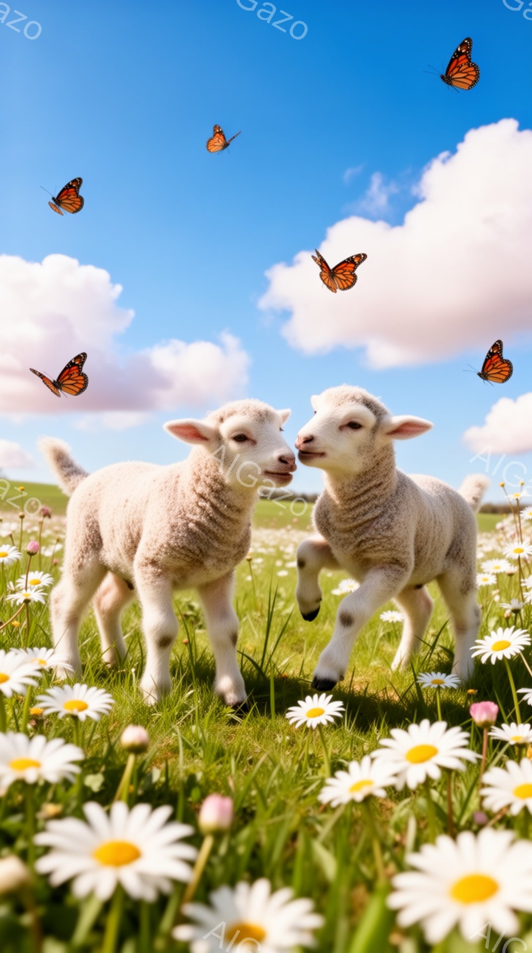 牧草地で子羊が2匹並んで佇んでいます。周りには白いデイジーの花が咲き乱れ、空にはオレンジ色の蝶が舞っています。春らしい暖かく穏やかな雰囲気の画像です。 - AI生成フリー素材