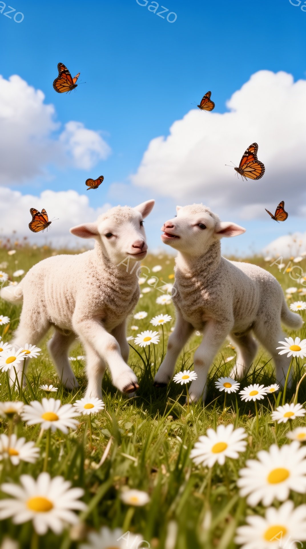 緑の牧草地で、2匹の子羊が寄り添って立っています。周りには白いデイジーの花が咲き乱れ、青い空にはオレンジ色の蝶が舞っています。穏やかで平和な雰囲気を感じさせます。 - AI生成フリー素材
