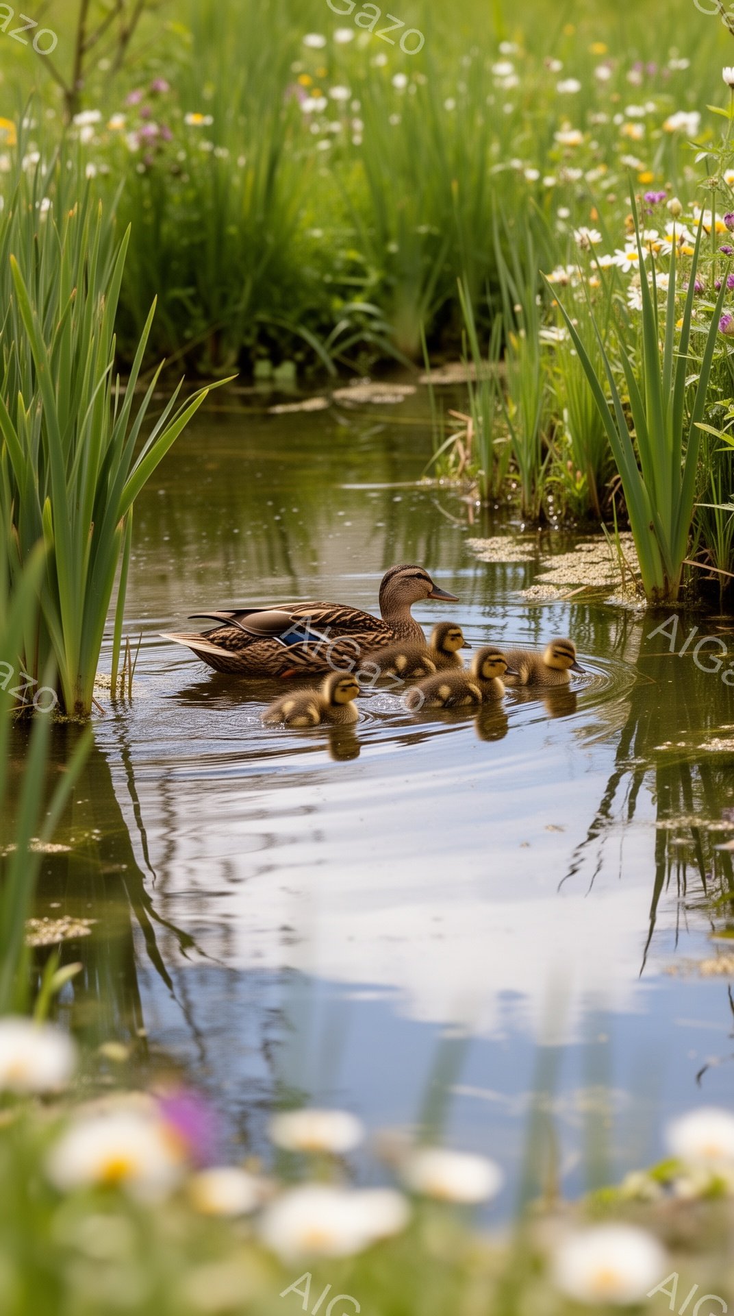 アヒルが一列になって水面を泳いでいる。親アヒルは茶色と黒の模様で、その周りを数羽の小さなアヒルのひなたちが追っている。周囲には緑豊かな植物が生い茂り、水面に花びらが浮かび、穏やかな春の日の様子が伝わっ - AI生成フリー素材