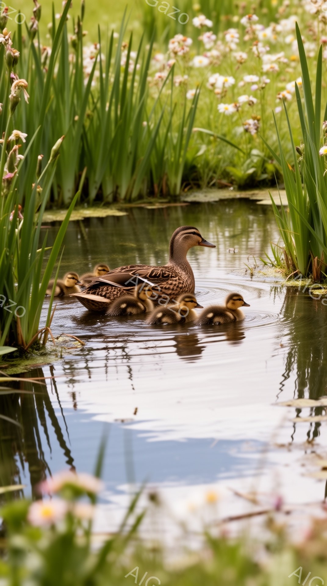アヒルが子アヒルたちを連れて水面を優雅に泳いでいる。周りには緑豊かな植物が生い茂り、水面にはアヒルの姿が映り込み、穏やかな雰囲気を醸し出している。水辺の風景が美しく、春や夏の自然を感じさせる。 - AI生成フリー素材