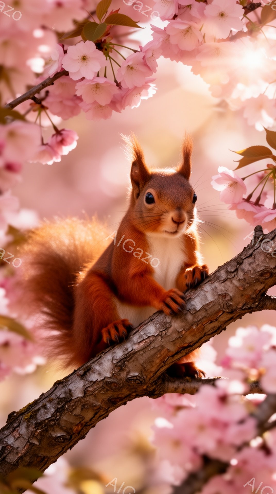 赤い毛並みを持つリスが、桜の枝にしがみついています。背景は桜の花びらで埋め尽くされ、春の暖かさと柔らかい光が感じられます。リスは好奇心と少しの警戒心を持って、こちらを見ているようです。 - AI生成フリー素材