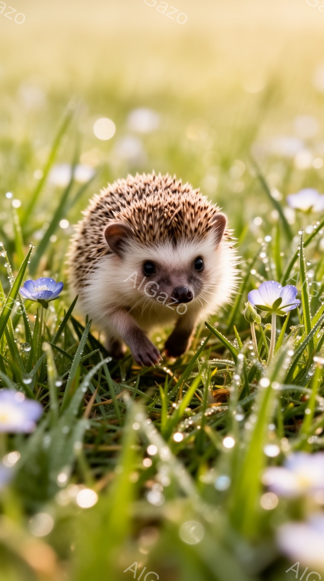 小さなハリネズミが緑の草むらの中を歩いている。朝露に濡れた草と小さな青い花が、柔らかい光の中でキラキラと輝き、暖かく優しい雰囲気を醸し出している。ハリネズミは好奇心旺盛な表情で、前を見つめている。