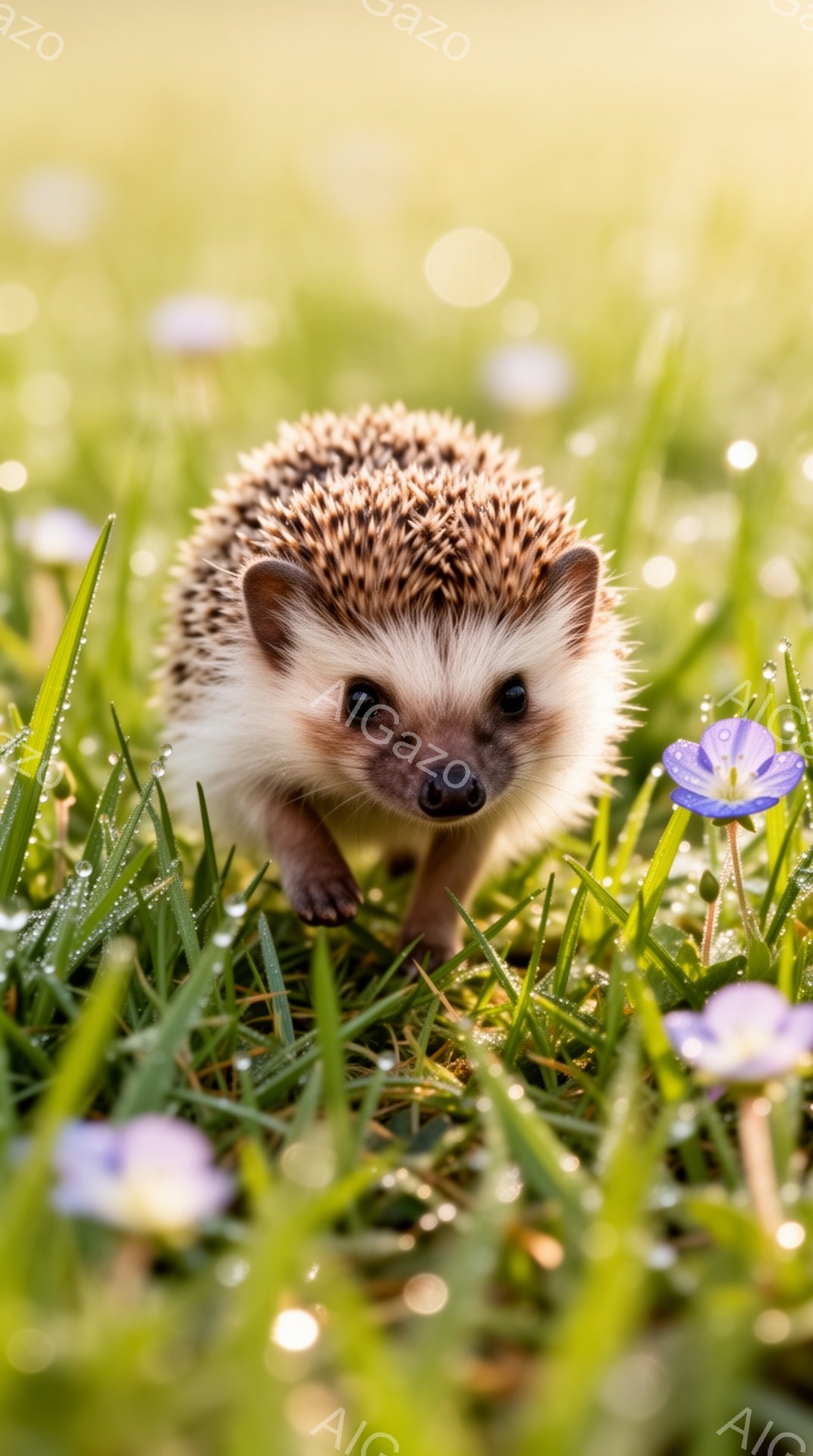小さなハリネズミが緑の草むらの中にいます。青い花が点在し、春の暖かく穏やかな雰囲気を醸し出しています。ハリネズミは前方をじっと見つめており、可愛らしい姿が印象的です。