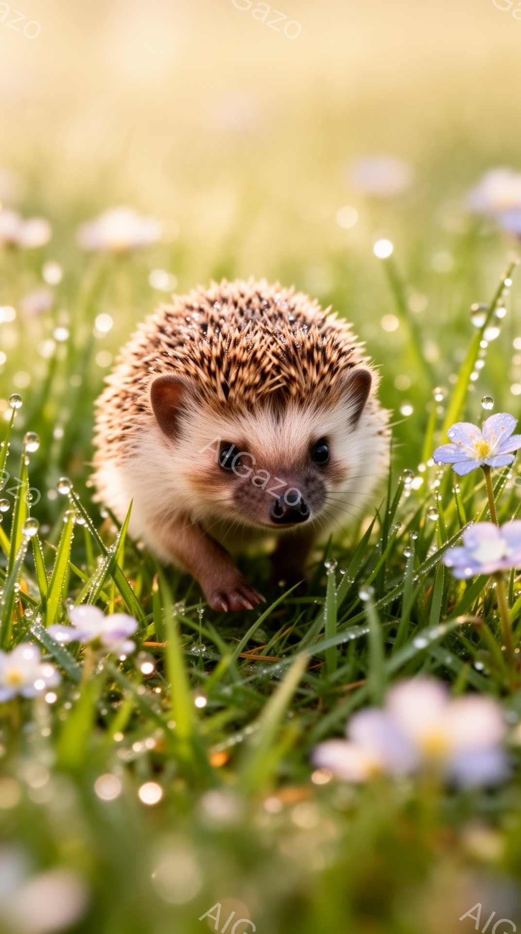 可愛らしいハリネズミが、青い花が咲く緑の草むらの中を歩いている。朝露が葉や花びらに輝き、柔らかい光が全体を包み込み、穏やかな雰囲気を醸し出している。小さな足が地面に触れるたびに、草が揺れ、生命力に満ちた様子が伝わってくる。