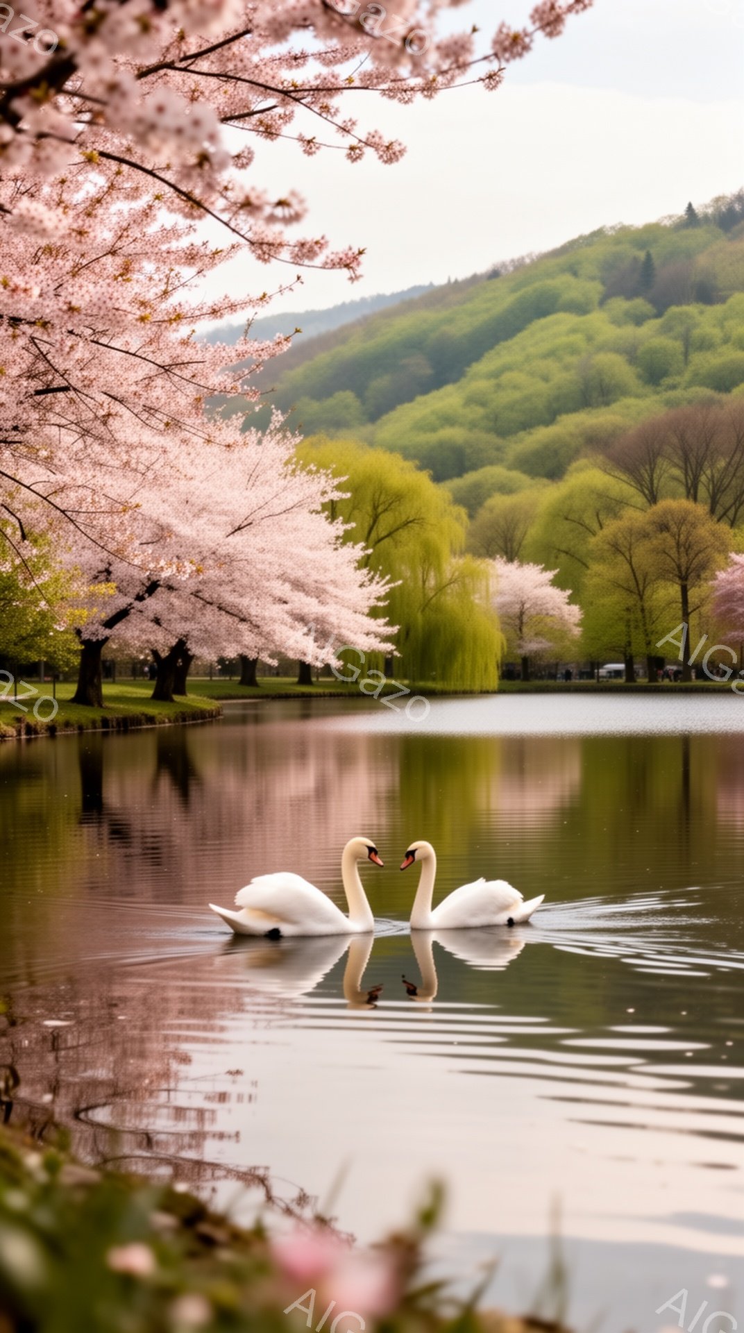 静かな湖面に二羽の白鳥が優雅に泳いでいる。湖の周りは桜の木々が咲き誇り、その花びらが水面に映り込んでいる。春の穏やかな午後を象徴する、美しい風景だ。 - AI生成フリー素材