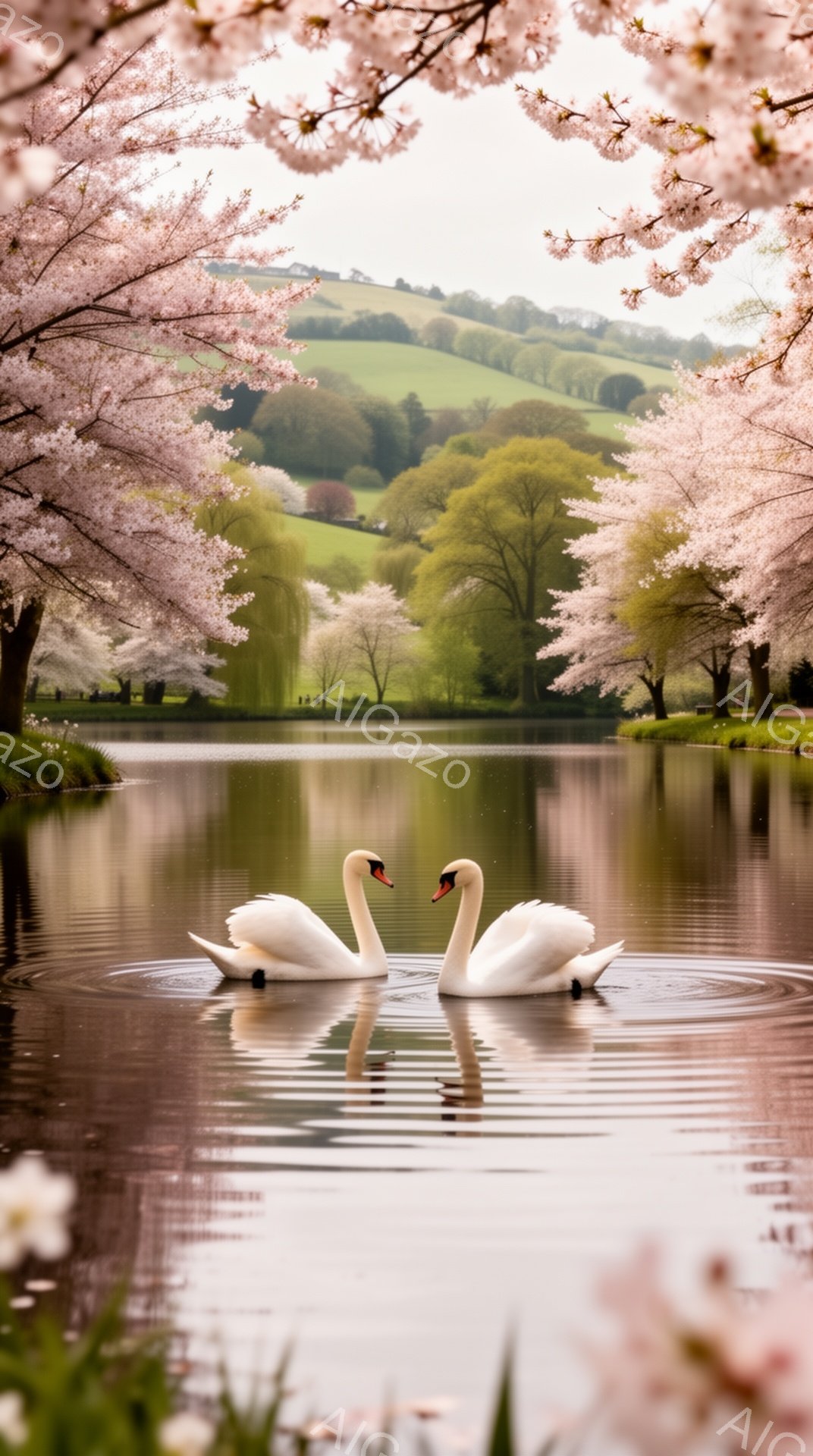 白鳥が穏やかな湖面を優雅に泳いでいる。ピンク色の桜の花びらが舞い、春の暖かくロマンチックな雰囲気を醸し出している。背景には緑豊かな丘陵地帯が広がり、自然の美しさが際立っている。 - AI生成フリー素材