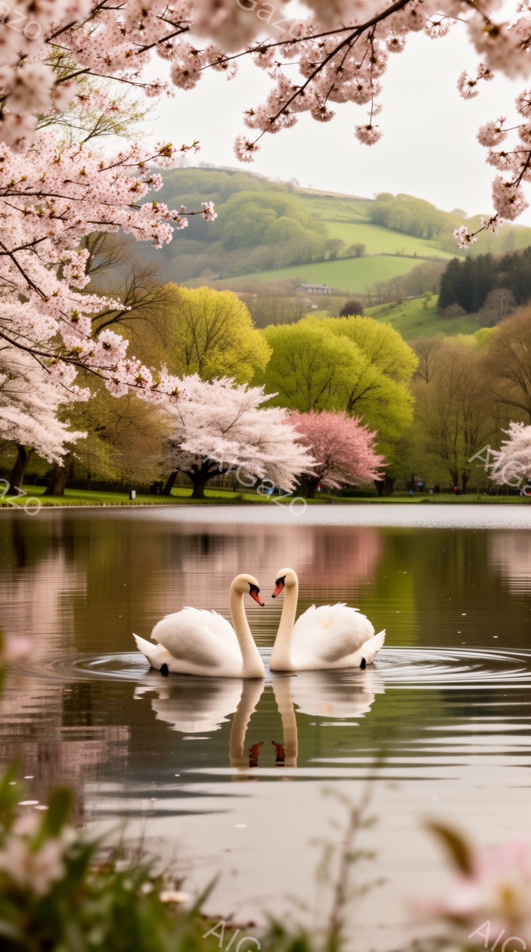 静かな湖で二羽の白鳥が寄り添い泳いでいる。周囲には桜の木が咲き誇り、背景には緑の丘が広がる穏やかな風景である。水面に映る桜と白鳥の姿が、春の暖かさとロマンチックな雰囲気を醸し出している。 - AI生成フリー素材