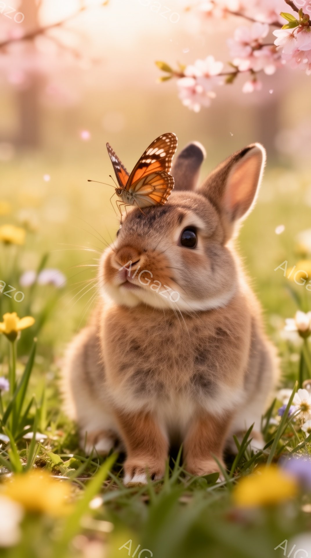 小さな茶色のウサギが草の上に座り、頭にはオレンジと黒の蝶が止まっています。背景にはぼやけた桜の花が咲き、春の穏やかな雰囲気を醸し出しています。ウサギはカメラに向かって可愛らしく見つめており、その姿は愛 - AI生成フリー素材