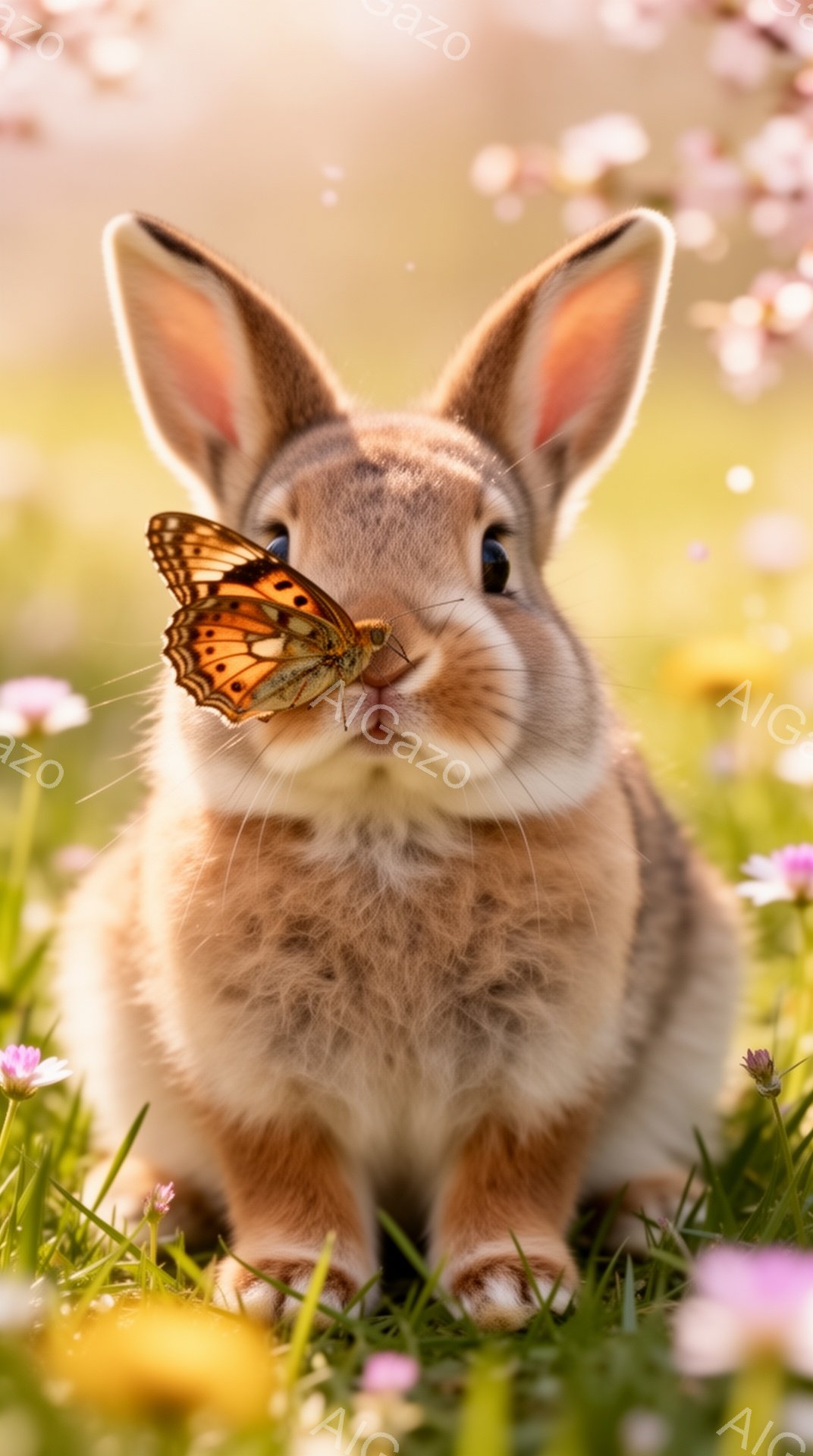 ふわふわの毛並みを持つ茶色のうさぎが、ピンクと黄色の花が咲き乱れる草の上に座っています。オレンジ色の蝶がうさぎの鼻にとまっており、まるで二匹が仲良く話しているかのような愛らしい光景です。背景はぼかされ - AI生成フリー素材