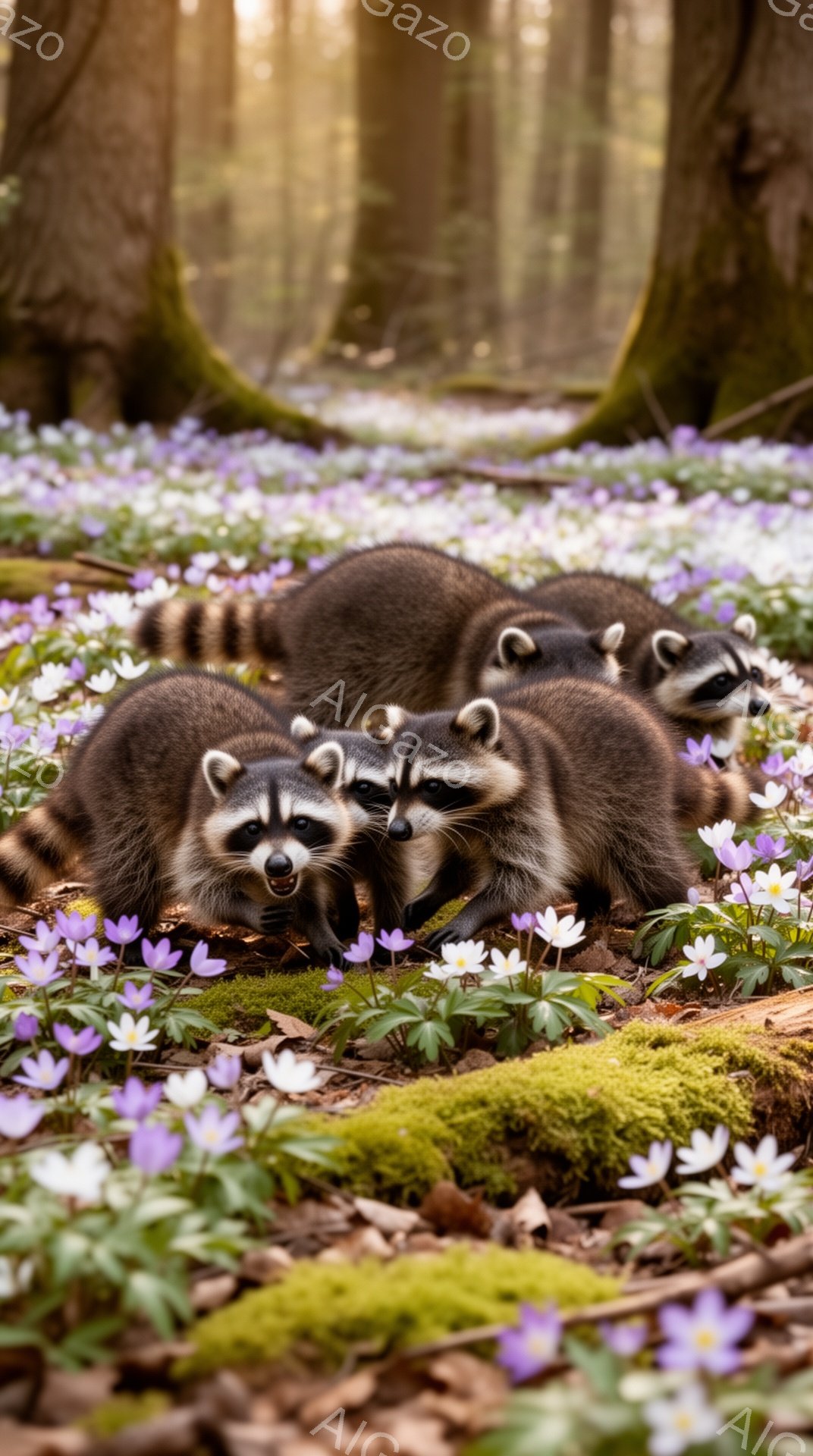 アライグマの家族が、紫色の花が咲き乱れる森の中で集まっている。それぞれの表情は少し異なり、好奇心や警戒心を抱いているように見える。柔らかい光が差し込み、幻想的な雰囲気を醸し出している。