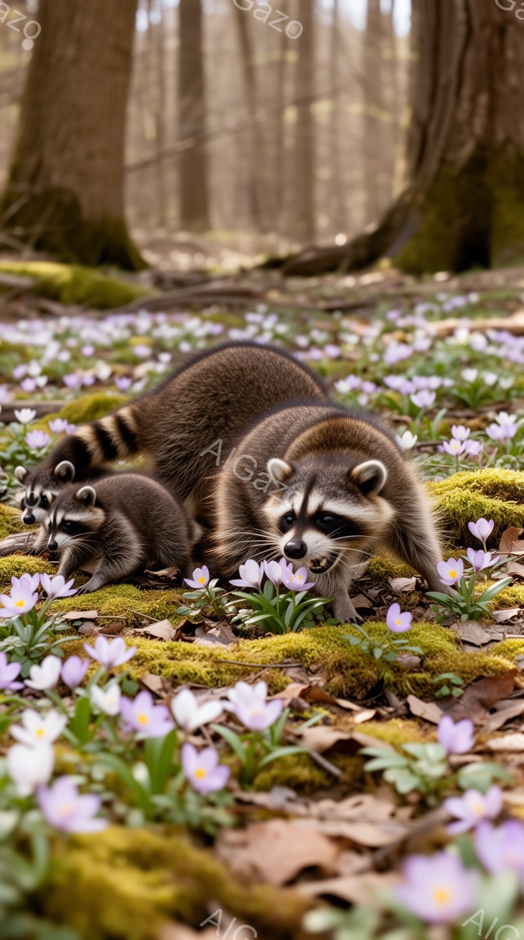 アライグマの家族が、春の紫色の花が咲き乱れる森の中で、地面を歩いている。親アライグマは鼻を地面に近づけ何かを探しているようで、子アライグマは母親の後ろをついて行く。柔らかな光と色とりどりの花が、暖かい - AI生成フリー素材