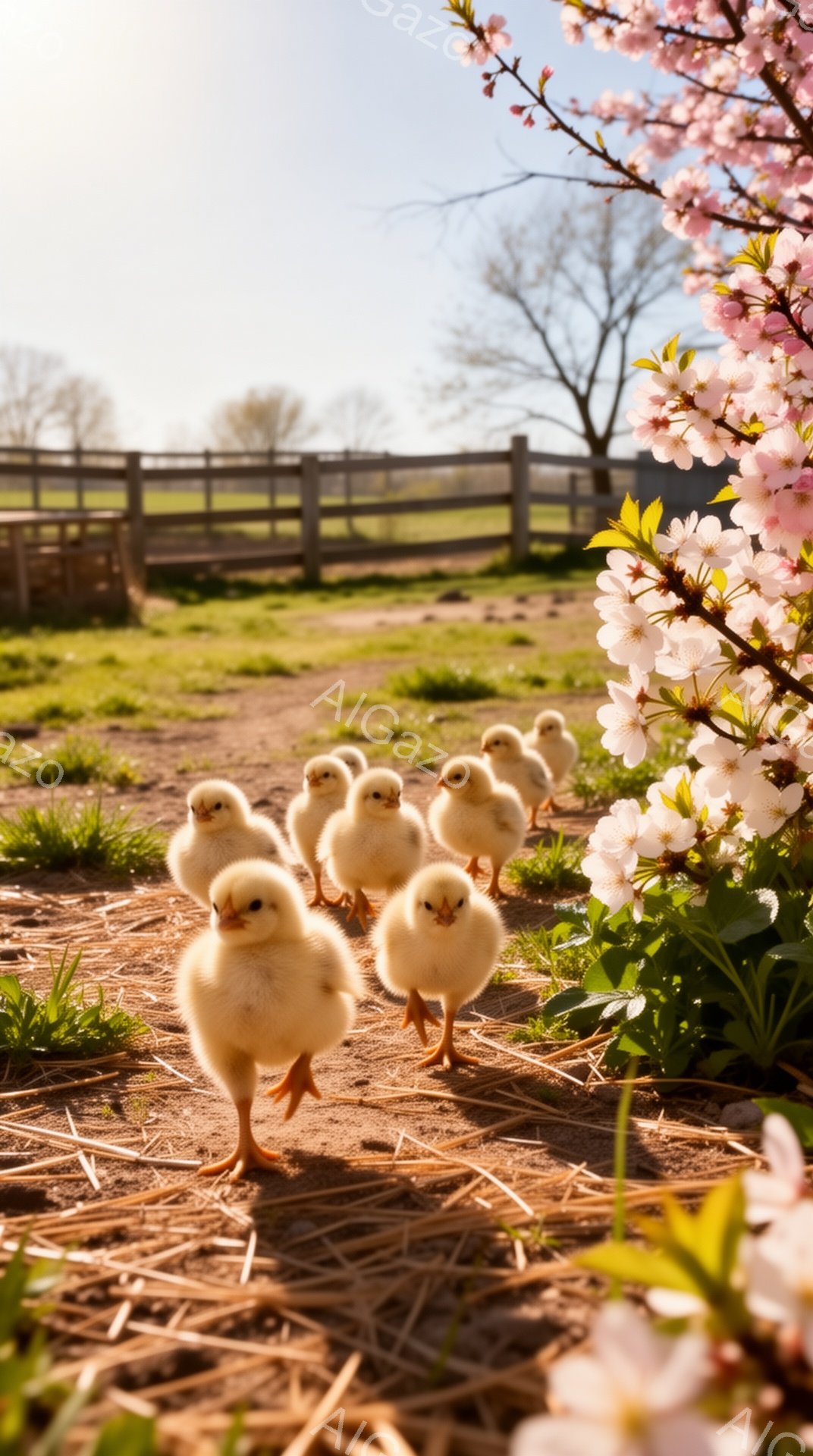 可愛らしいヒヨコたちが列になって庭を歩いている。背景には緑の草と木製の柵、そしてピンク色の美しい桜の花が咲き誇っている。春の暖かく穏やかな雰囲気が感じられる、心温まる光景だ。 - AI生成フリー素材