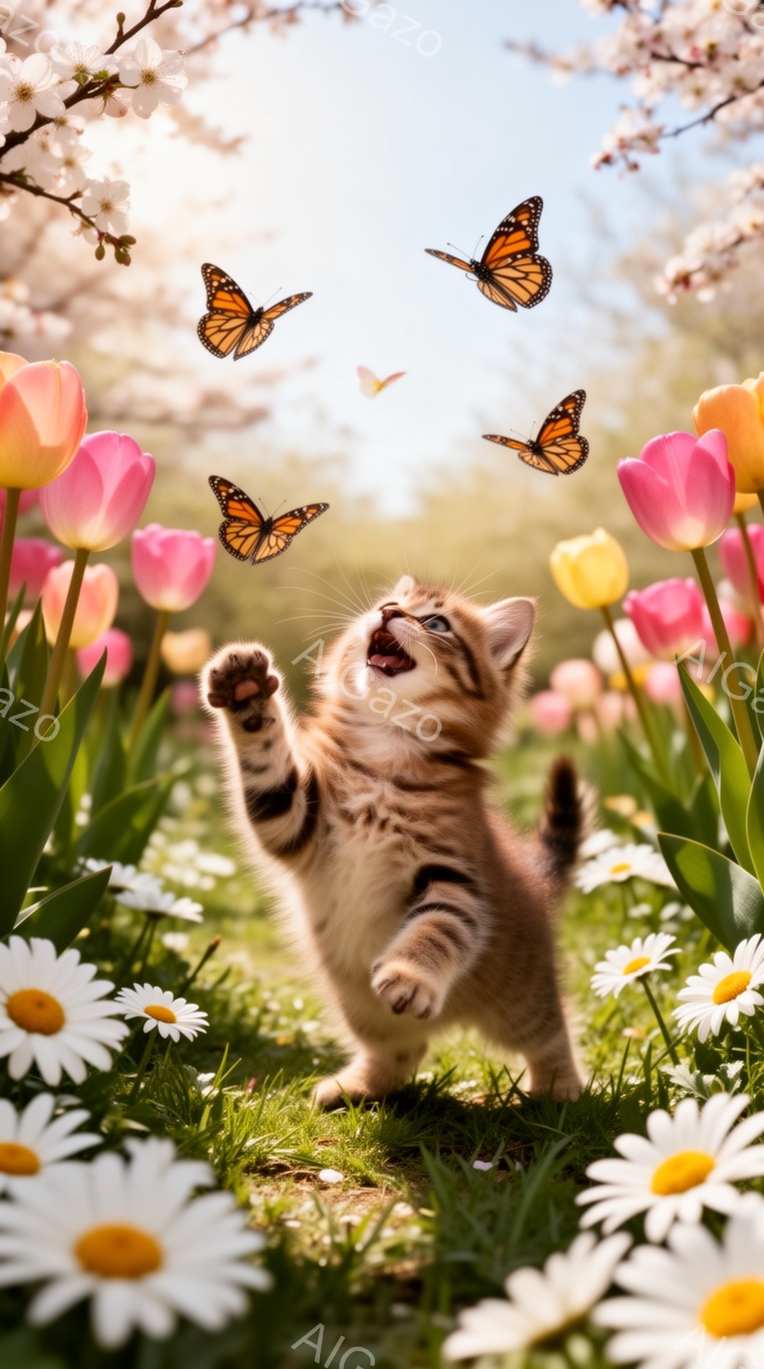 鮮やかな花々が咲き乱れる草原で、子猫が蝶を追いかけて飛び跳ねています。子猫は口を開け、嬉しそうに前足を出して、春の暖かさと生命力に満ちた様子が表現されています。背景には桜の木があり、春の柔らかな光が全 - AI生成フリー素材