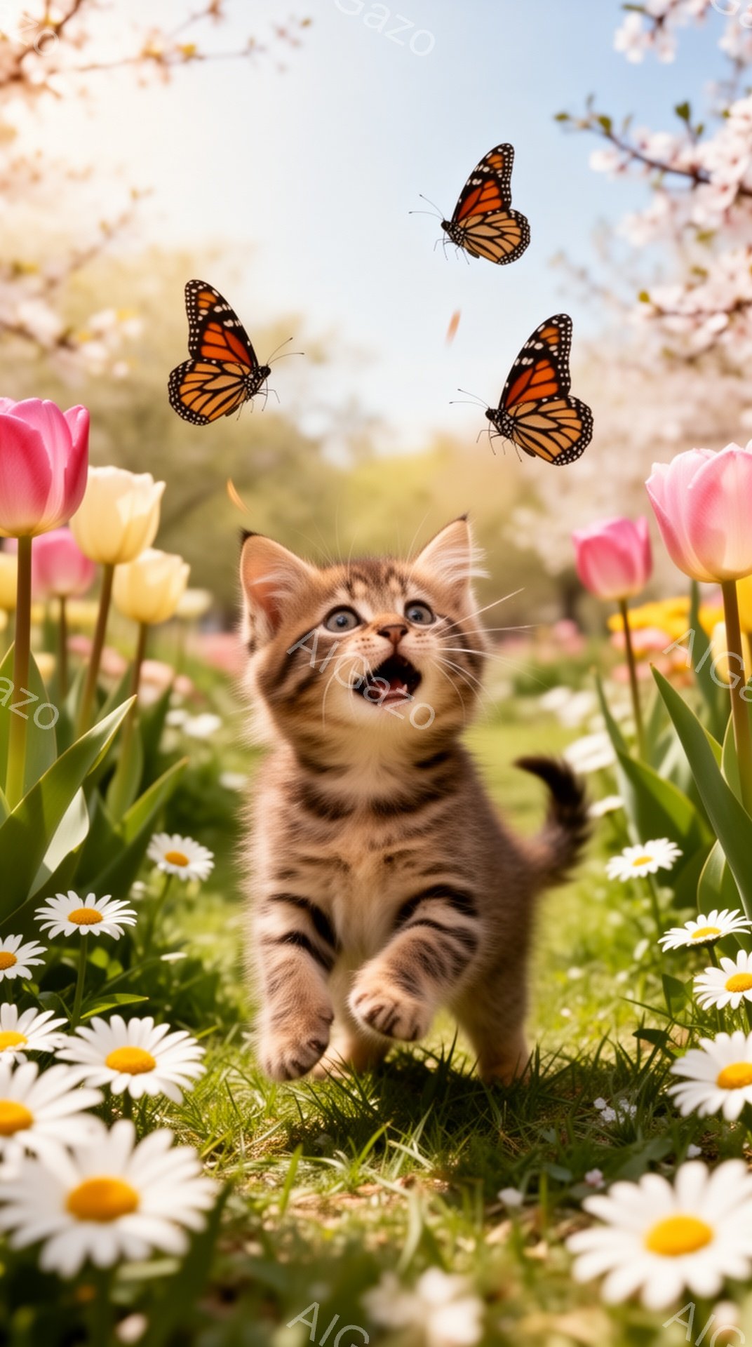 小さな子猫が花畑の中で蝶を追いかけている。春の暖かく明るい日差しの中で、子猫は嬉しそうに飛び跳ねている。ピンクと白の花々が咲き乱れ、生命力と希望に満ちた雰囲気が漂っている。 - AI生成フリー素材