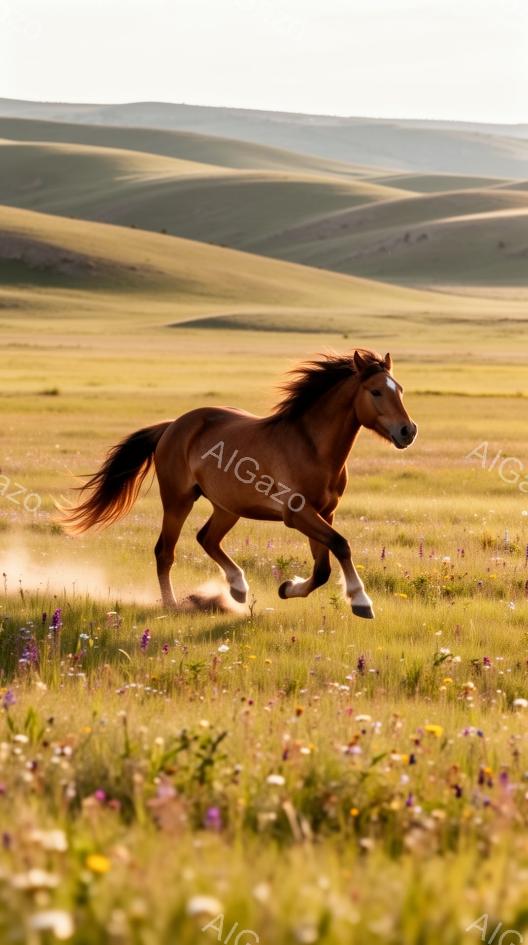 広大な草原を赤毛の馬が疾走している。夕日の光が馬の毛並みを照らし、力強い躍動感を表現している。色とりどりの草原の花々が、馬の走る様子をさらに引き立てている。 - AI生成フリー素材