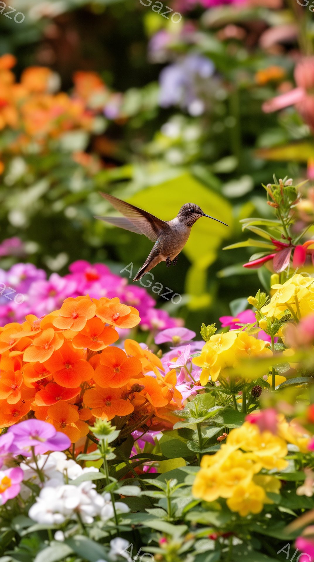 色とりどりの花々が咲き乱れる中で、ハチドリが蜜を求めて花の間を飛び回っている。鮮やかなオレンジ色、黄色、ピンク色の花が背景を彩り、ハチドリの素早い動きと対照的だ。自然の美しさと生命力があふれる、生き生 - AI生成フリー素材