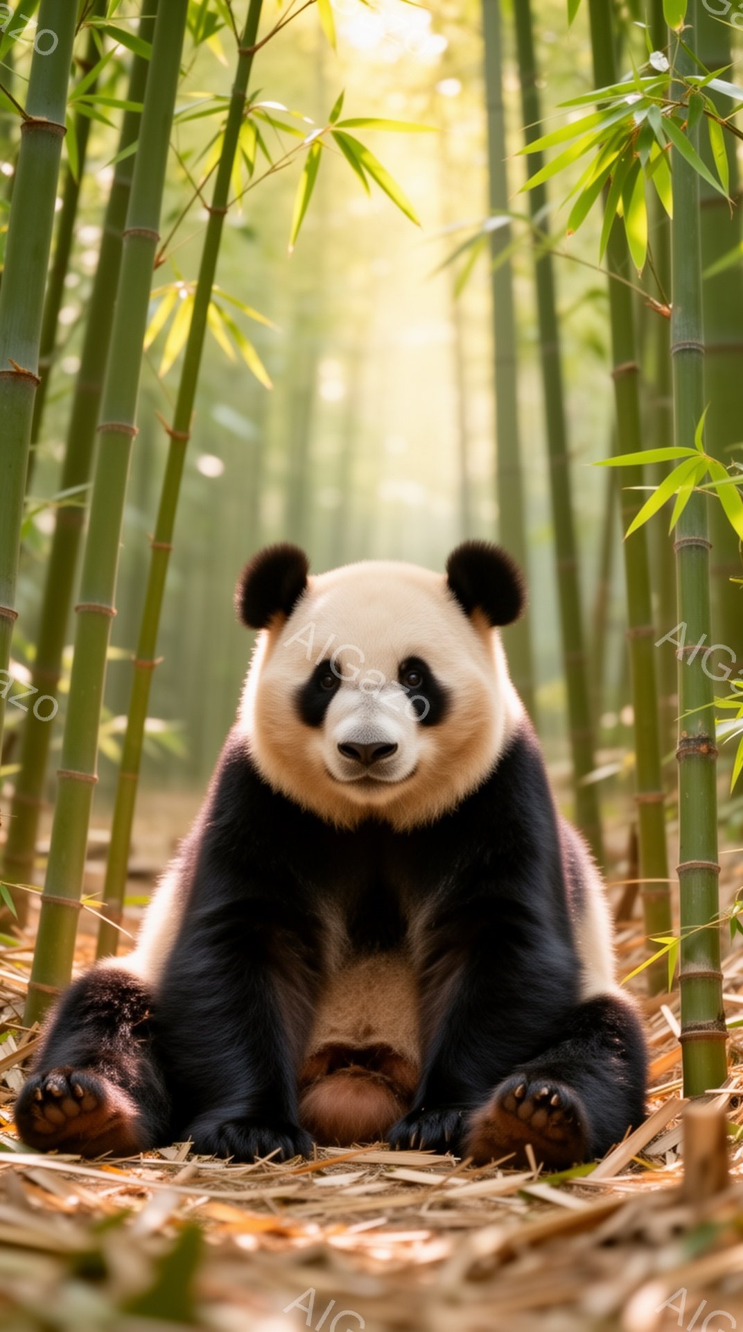 巨大な竹林の中で、パンダが正面を見据えて座っています。柔らかい光が竹の葉の間から差し込み、パンダの白い毛並みを明るく照らしています。穏やかで優しい雰囲気が漂う、平和な光景です。
