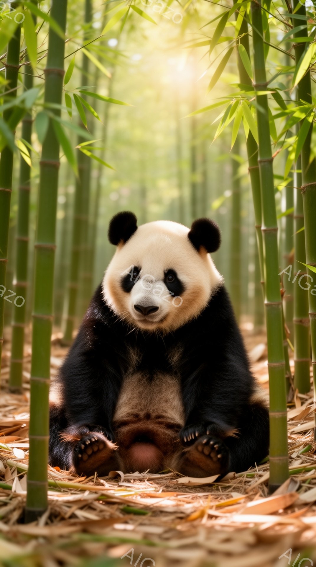 緑豊かな竹林の中に座っているパンダが描かれています。パンダはリラックスした様子で、丸い体と優しい表情が印象的です。太陽光が竹林を照らし、穏やかで平和な雰囲気を醸し出しています。
