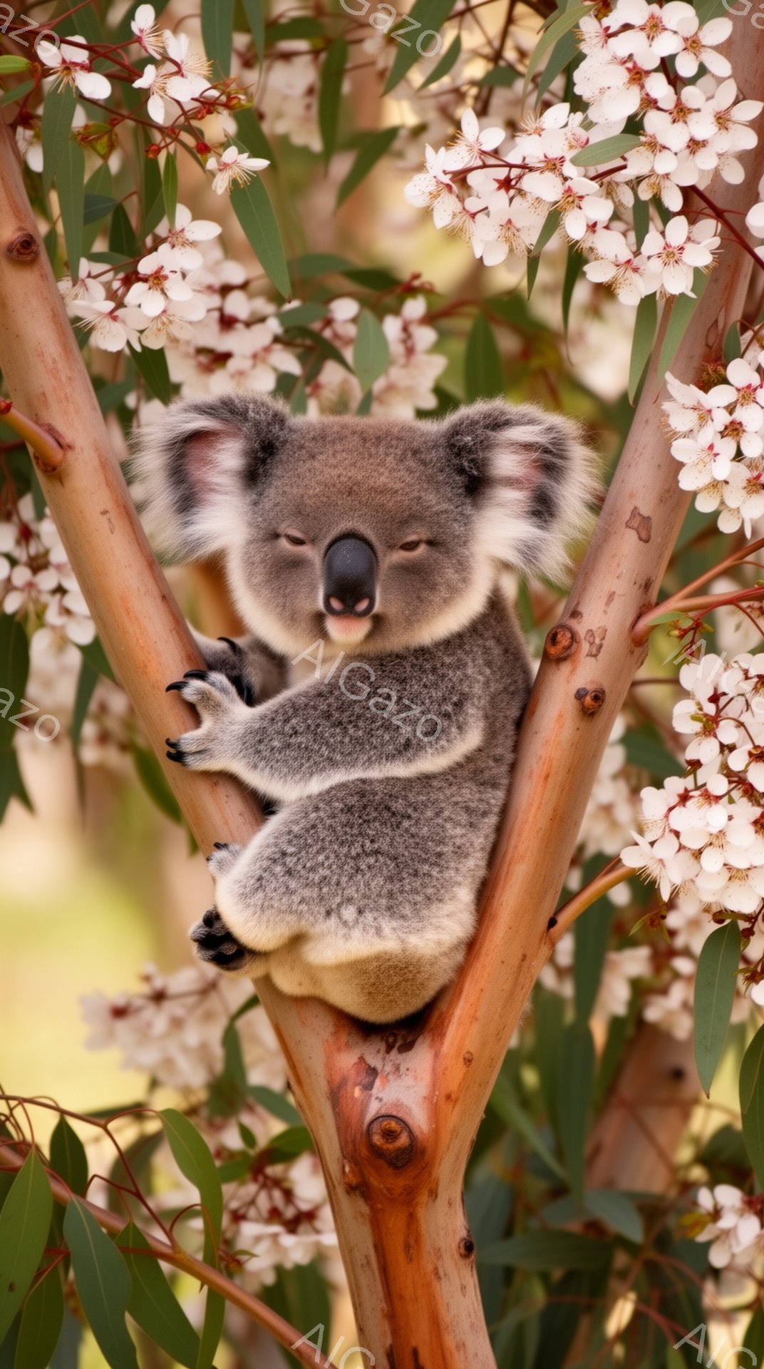 コアラが木の枝にしがみついています。ふわふわの毛並みと丸い耳が可愛らしく、穏やかな表情をしています。背景には白い花が咲き乱れ、春らしい暖かい雰囲気が漂っています。