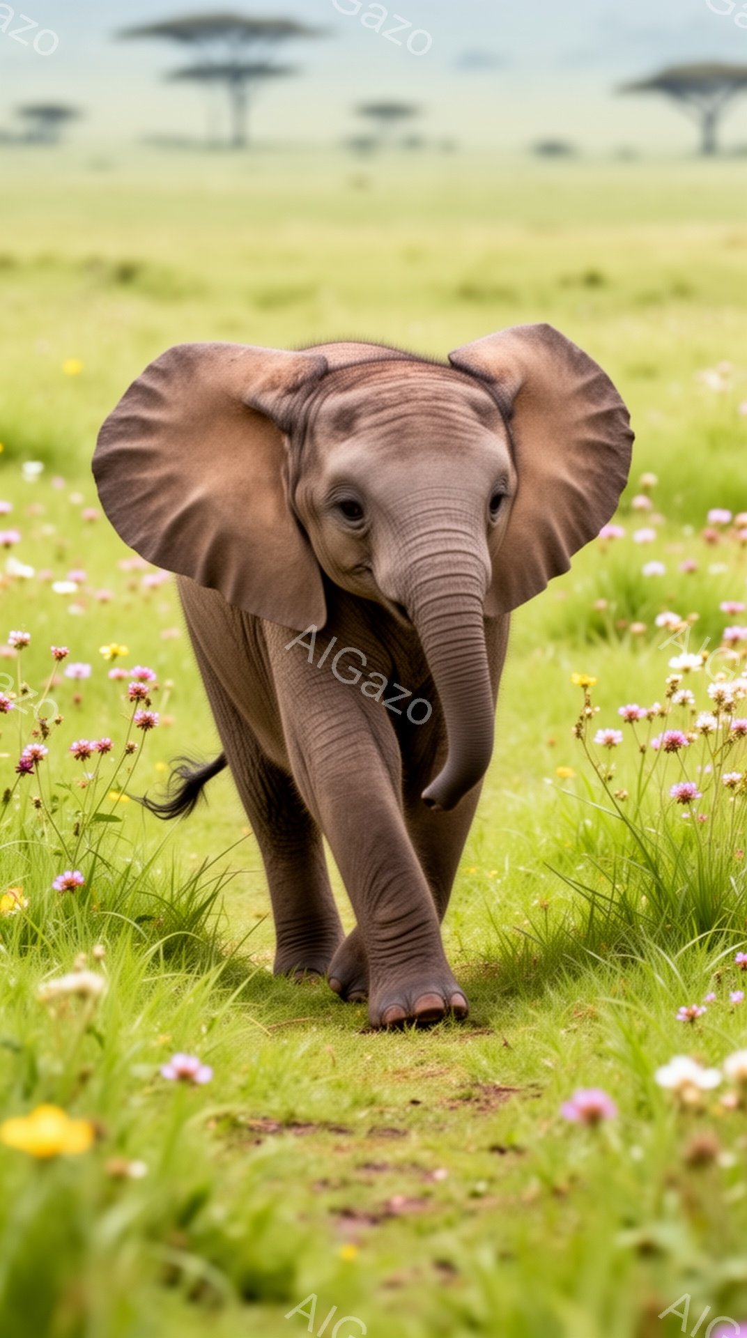 広大な草原を小さなゾウが歩いている。周りにはピンクや黄色の花が咲き乱れ、背景には遠くに見える木々が緑の風景の中に溶け込んでいる。暖かく穏やかな雰囲気で、幼いゾウの可愛らしさが際立っている。