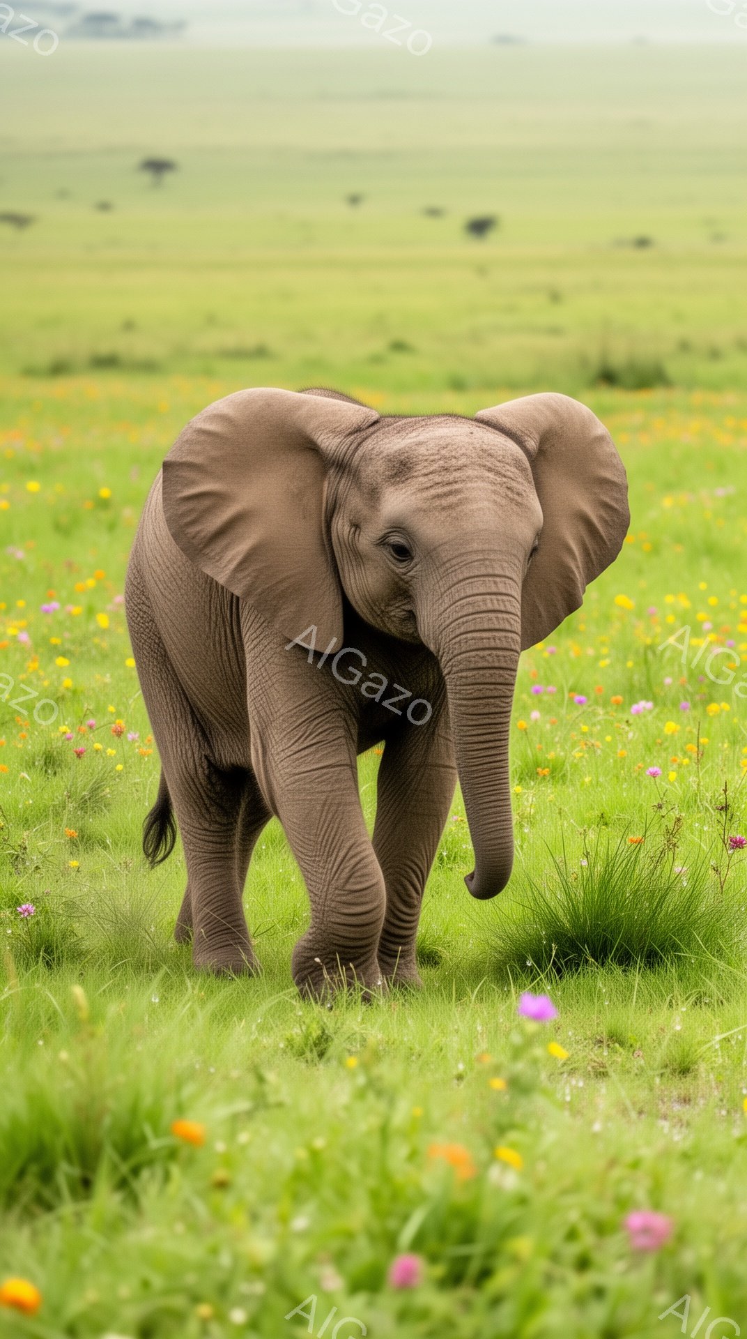 小さなゾウが緑の草原の中を歩いている。周囲にはカラフルな花々が咲き乱れ、背景はぼやけている。温かく穏やかな雰囲気が伝わってくる。 - AI生成フリー素材