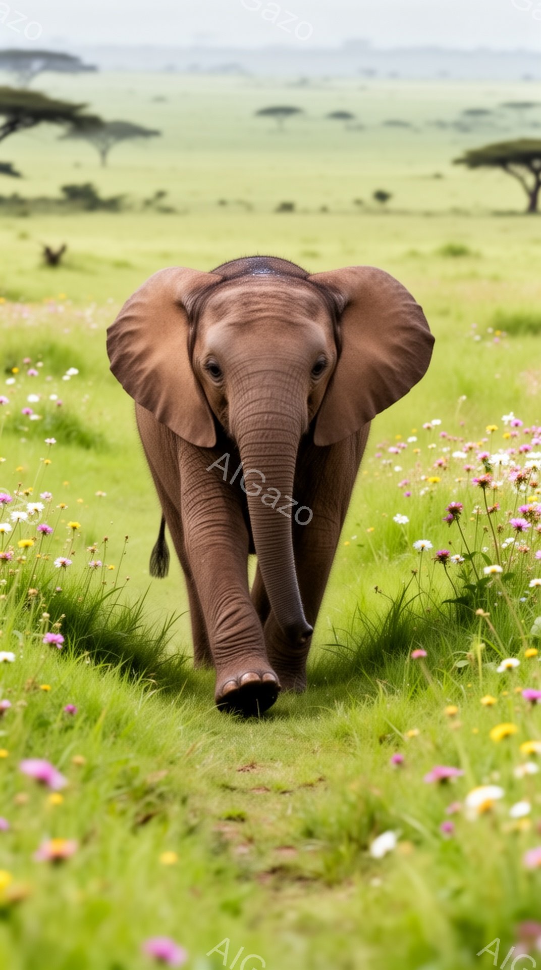 鮮やかな緑の草原を、子象がこちらに向かって歩いてくる様子を捉えた写真です。周囲には色とりどりの花が咲き乱れ、遠くには特徴的なアカシアの木々が見えます。子象の大きな耳と、好奇心旺盛な表情が印象的です。