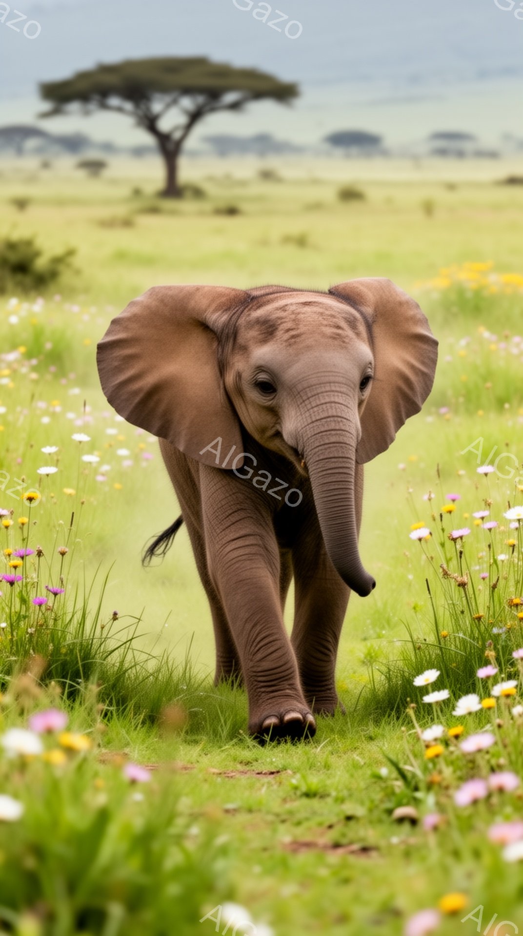 小さなゾウが緑豊かな草原の中を歩いている。周りには色とりどりの花が咲き乱れ、遠くには一本の木が見える。穏やかで平和な雰囲気の写真だ。