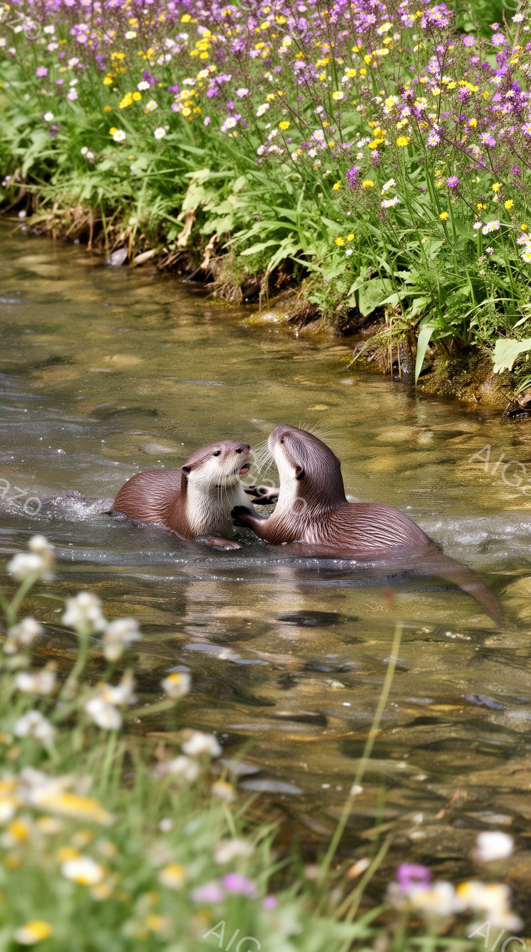 二匹のカワウソが水中で顔を合わせ、楽しそうに戯れています。周囲には紫と黄色の花が咲き乱れ、穏やかな水の流れが背景を彩っています。晴れた日の自然の中で、生き生きとしたカワウソの姿が印象的です。