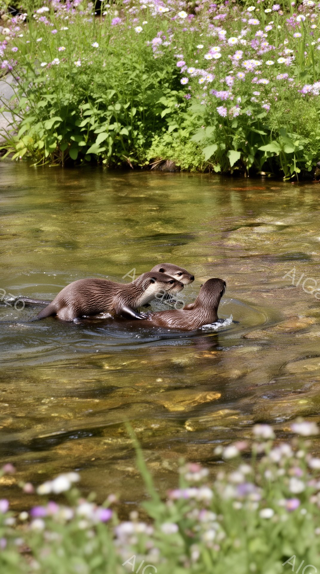 川の中で二匹のカワウソが寄り添い合って泳いでいる。水面は光に輝き、背景には紫色の花が咲き乱れている。穏やかで平和な雰囲気の自然写真である。