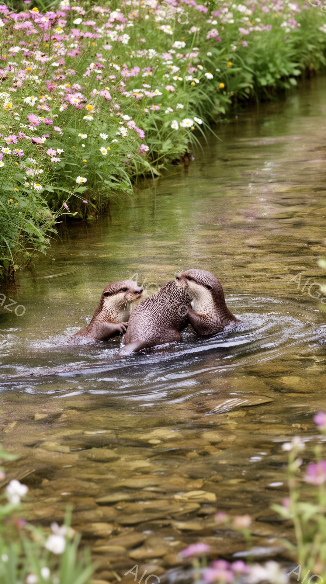 二匹のカワウソが水面で寄り添い合っている。周りにはピンクや白の野花が咲き乱れ、穏やかな雰囲気が漂う。水は澄んでおり、光が反射してキラキラと輝いている。