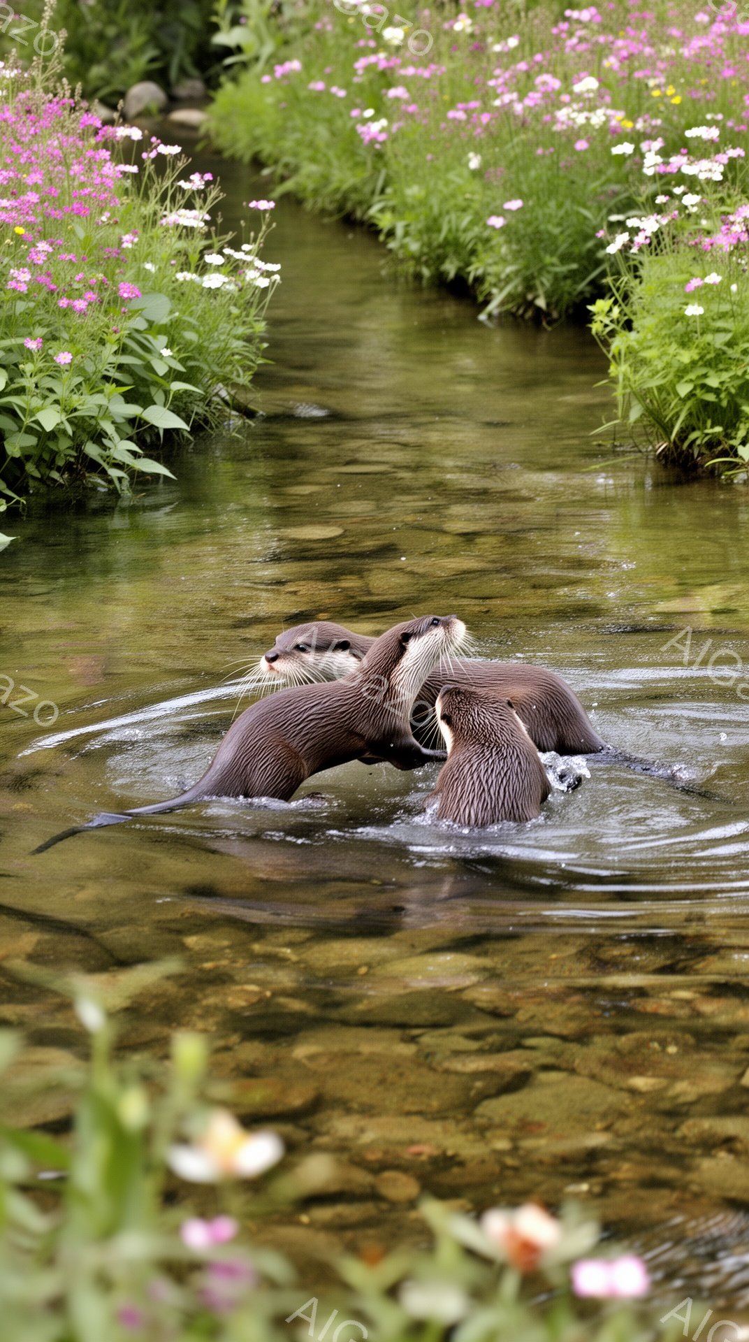 川の中を３匹のカワウソが泳いでいます。水辺にはピンクや白の花が咲き乱れ、夏の穏やかな雰囲気を醸し出しています。カワウソたちはリラックスして水面を漂い、楽しそうな様子が伺えます。