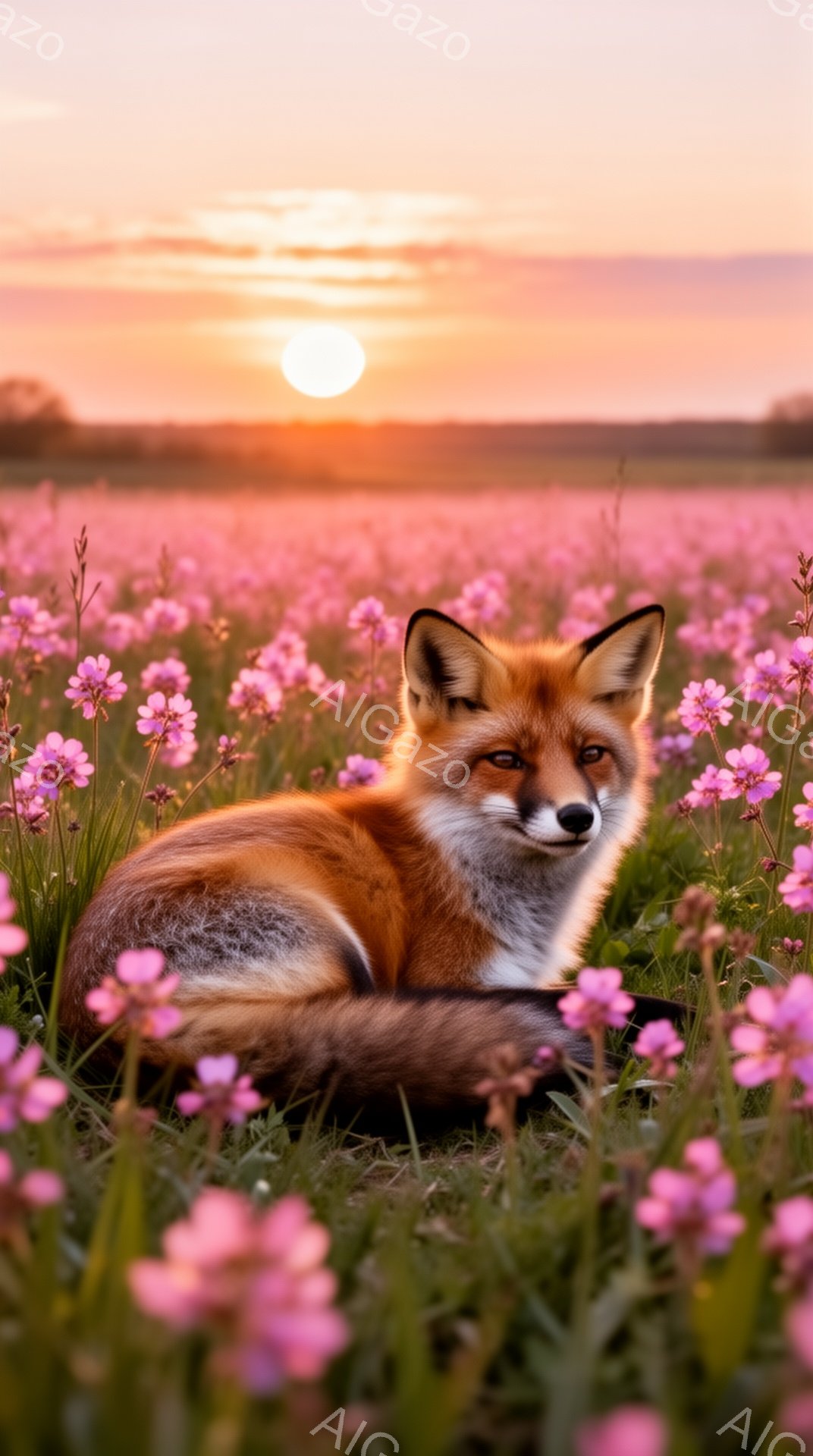 夕焼けのピンク色の野原で、美しいキツネが花畑の中でくつろいでいます。キツネは赤茶色の毛並みで、優雅に横たわり、穏やかな表情をしています。背景には、夕焼けが空を染め上げ、暖かく幻想的な雰囲気を醸し出して - AI生成フリー素材